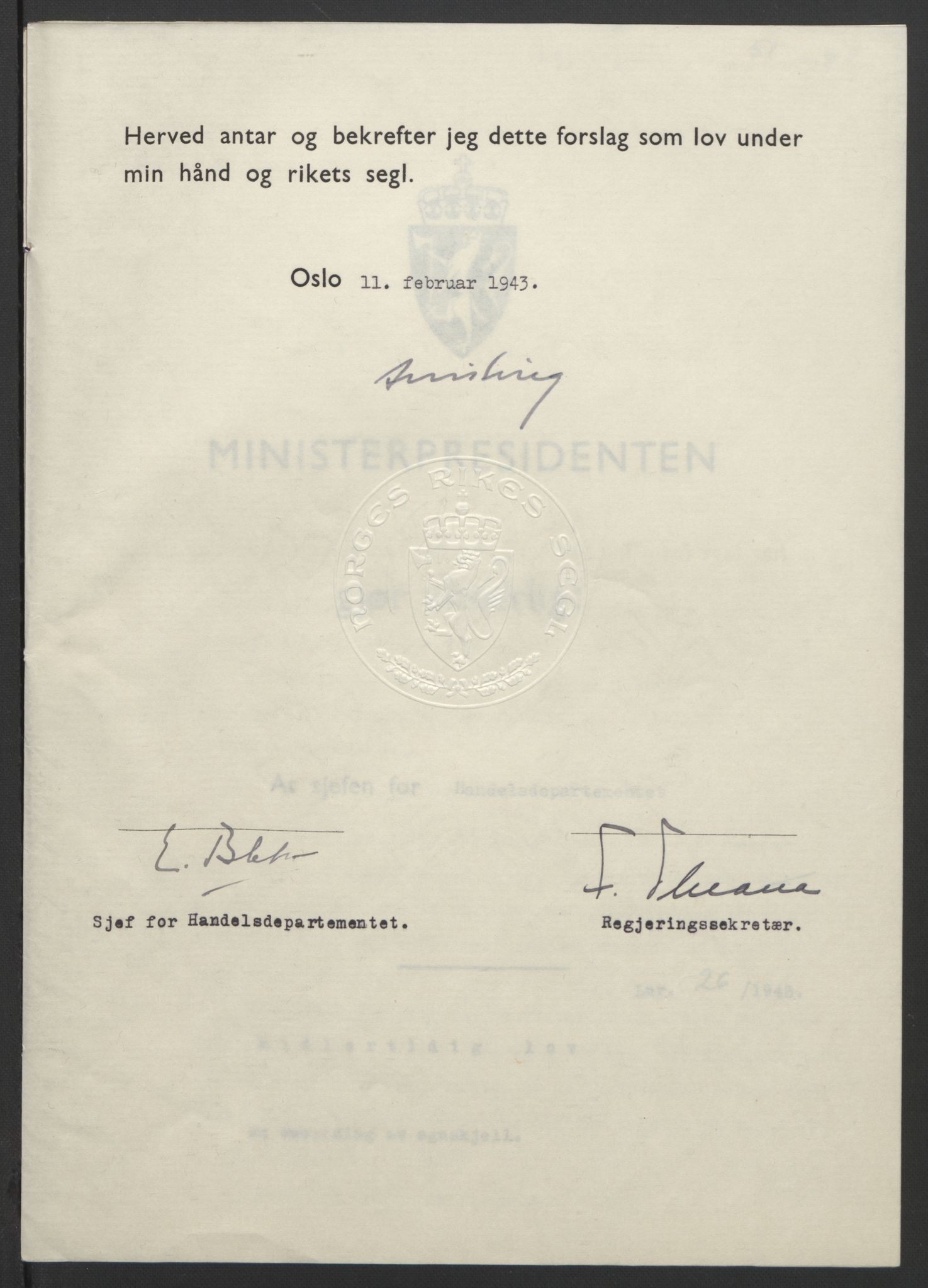 NS-administrasjonen 1940-1945 (Statsrådsekretariatet, de kommisariske statsråder mm), RA/S-4279/D/Db/L0099: Lover, 1943, s. 108