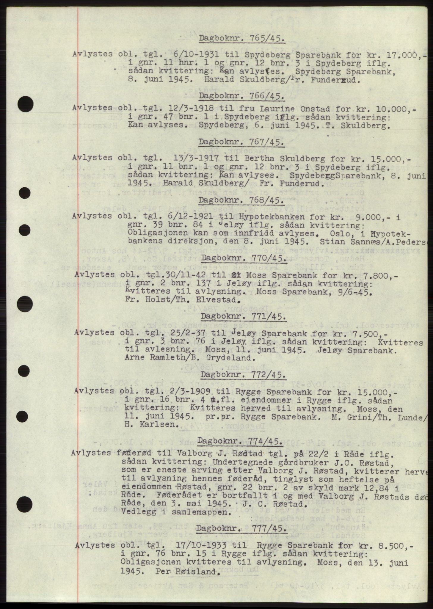 Moss sorenskriveri, SAO/A-10168: Pantebok nr. C10, 1938-1950, Dagboknr: 765/1945