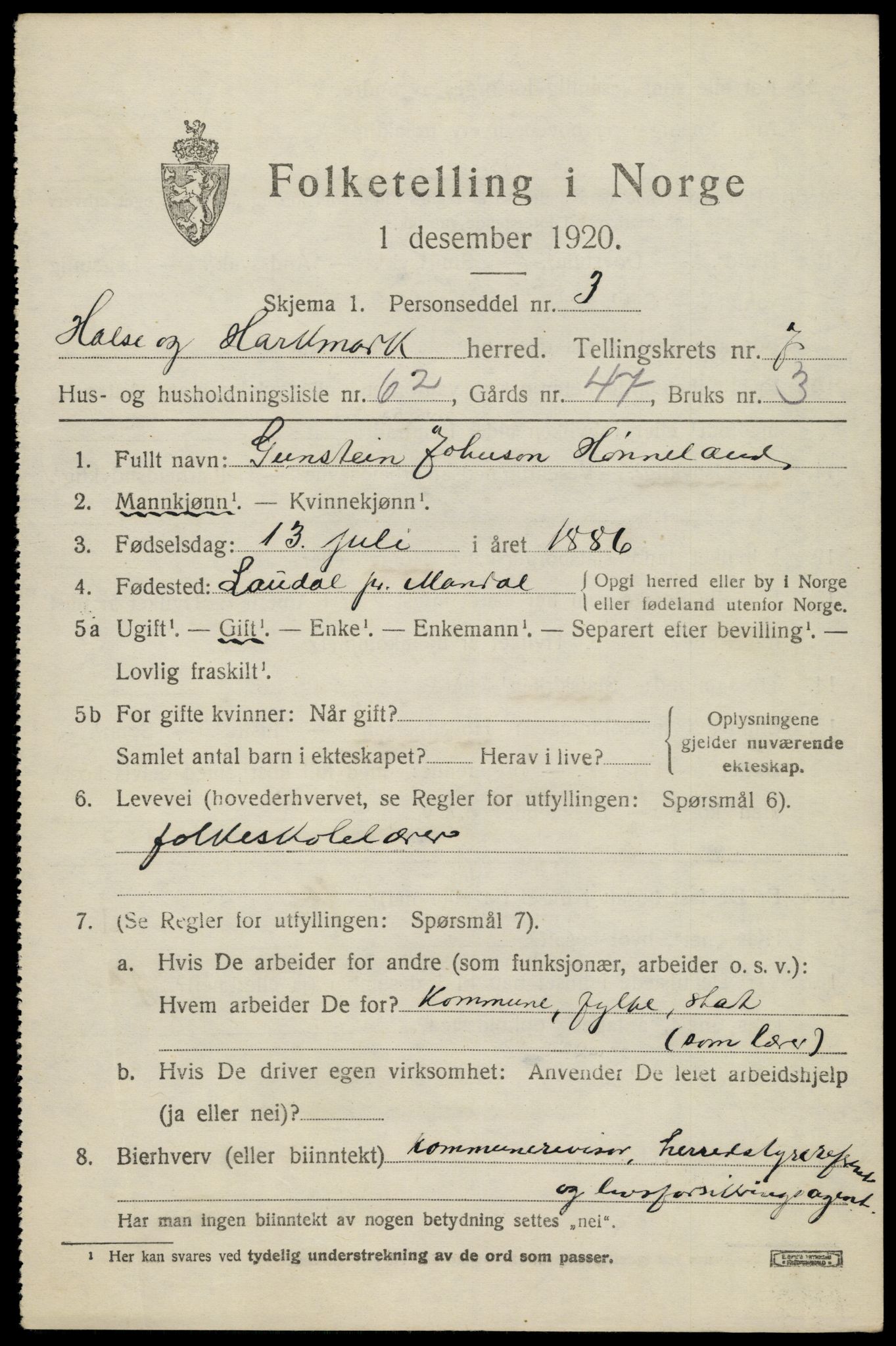 SAK, Folketelling 1920 for 1019 Halse og Harkmark herred, 1920, s. 4351