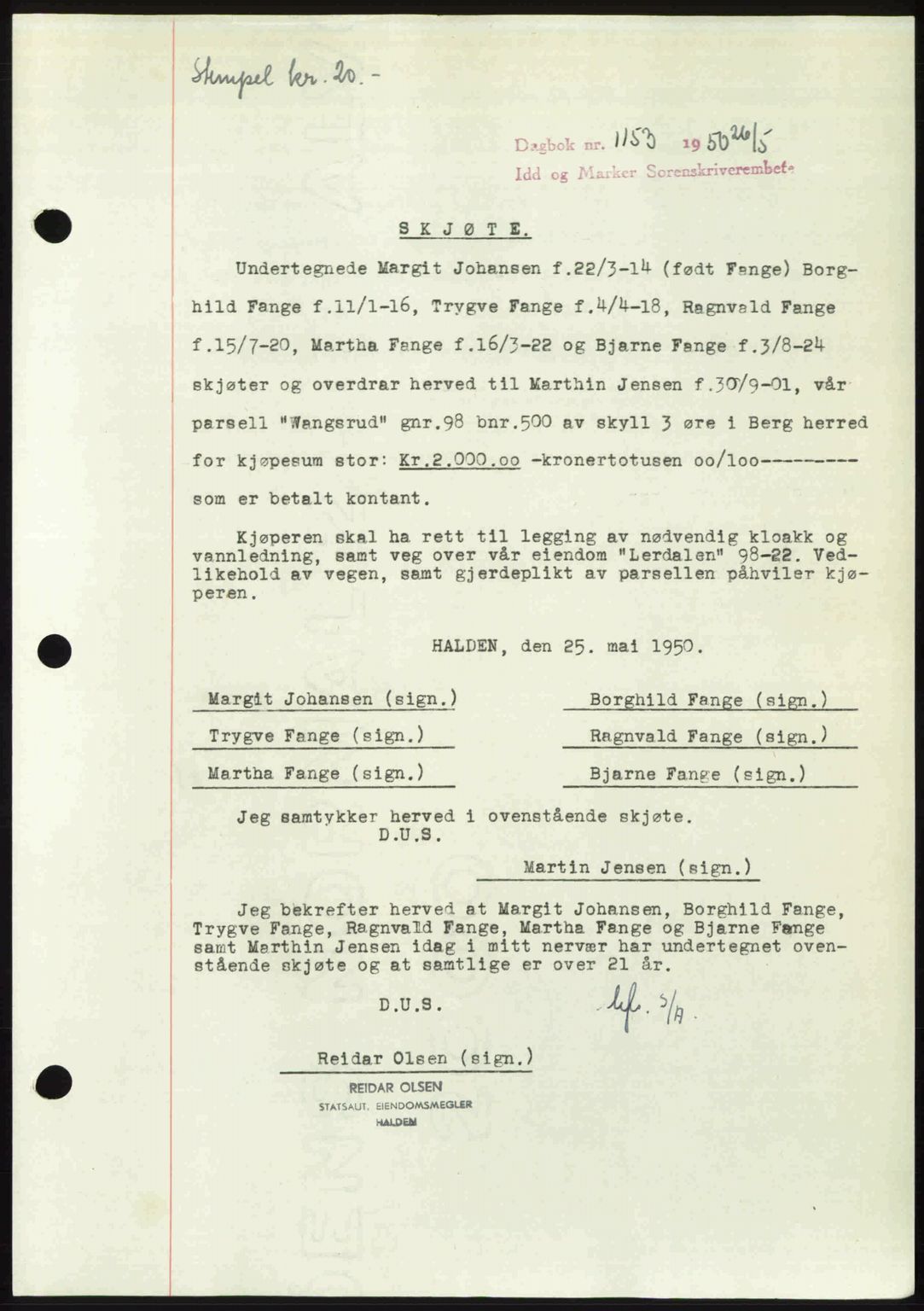 Idd og Marker sorenskriveri, AV/SAO-A-10283/G/Gb/Gbb/L0014: Pantebok nr. A14, 1950-1950, Dagboknr: 1153/1950