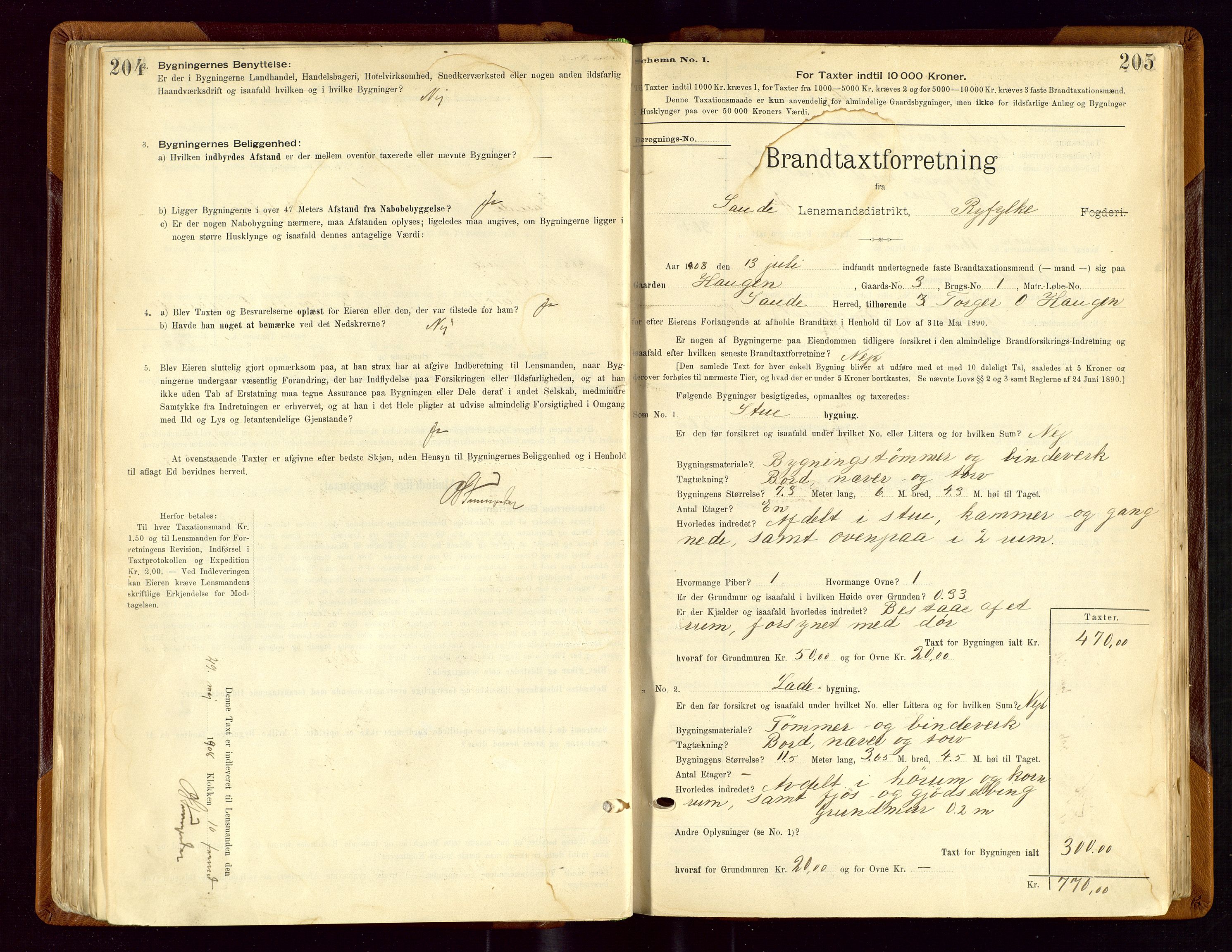 Sauda lensmannskontor, SAST/A-100177/Gob/L0001: Branntakstprotokoll - skjematakst, 1894-1914, s. 204-205