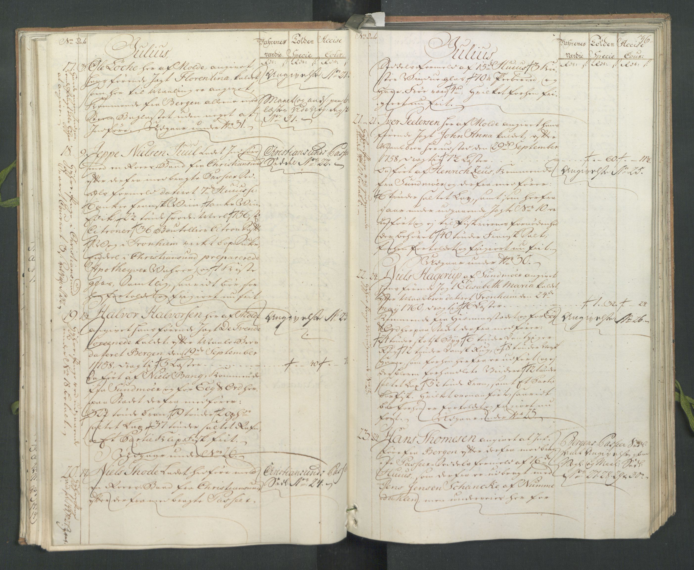Generaltollkammeret, tollregnskaper, AV/RA-EA-5490/R31/L0023/0001: Tollregnskaper Molde / Hovedtollbok, 1762, s. 35b-36a