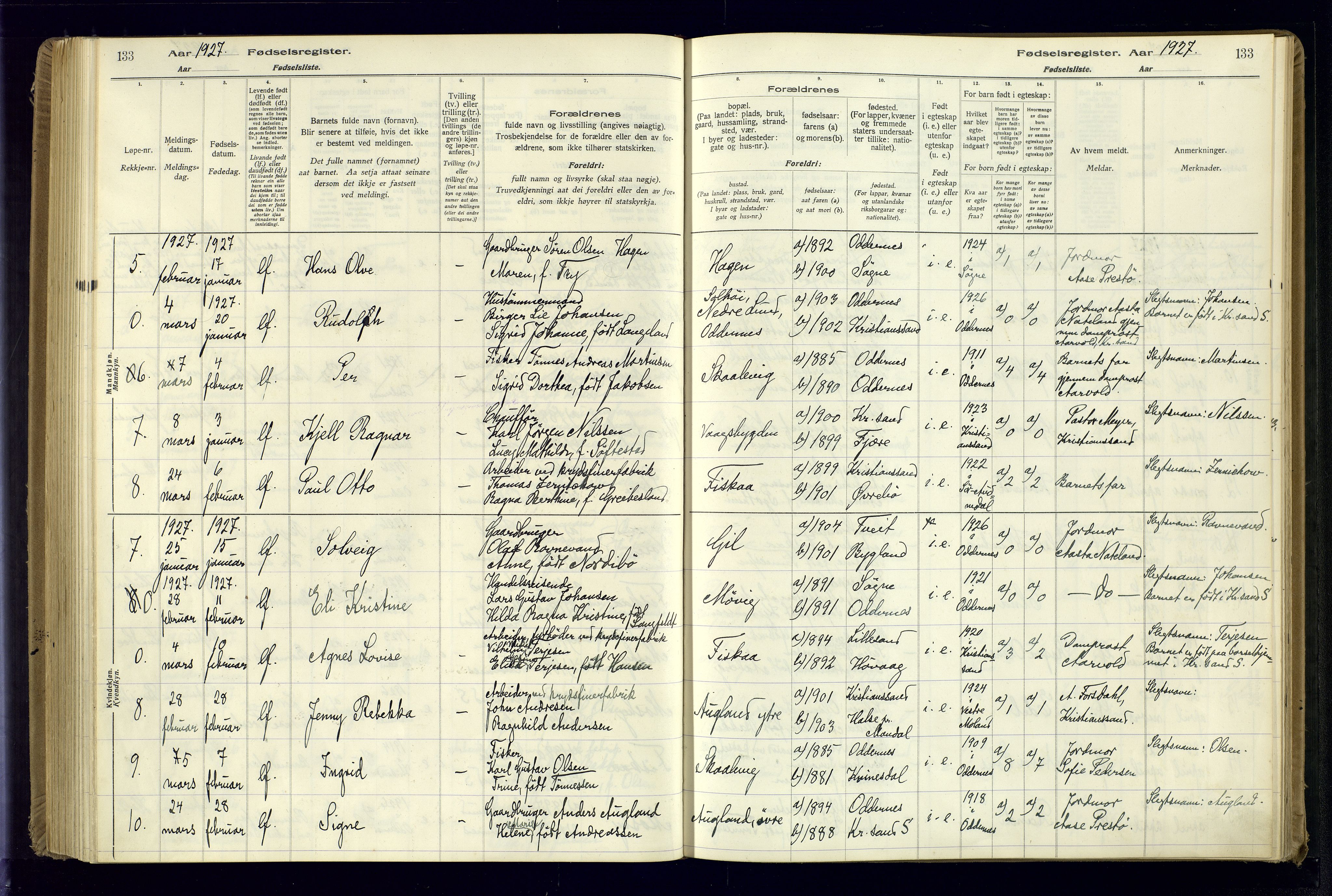 Oddernes sokneprestkontor, AV/SAK-1111-0033/J/Ja/L0001: Fødselsregister nr. 1, 1916-1935, s. 133