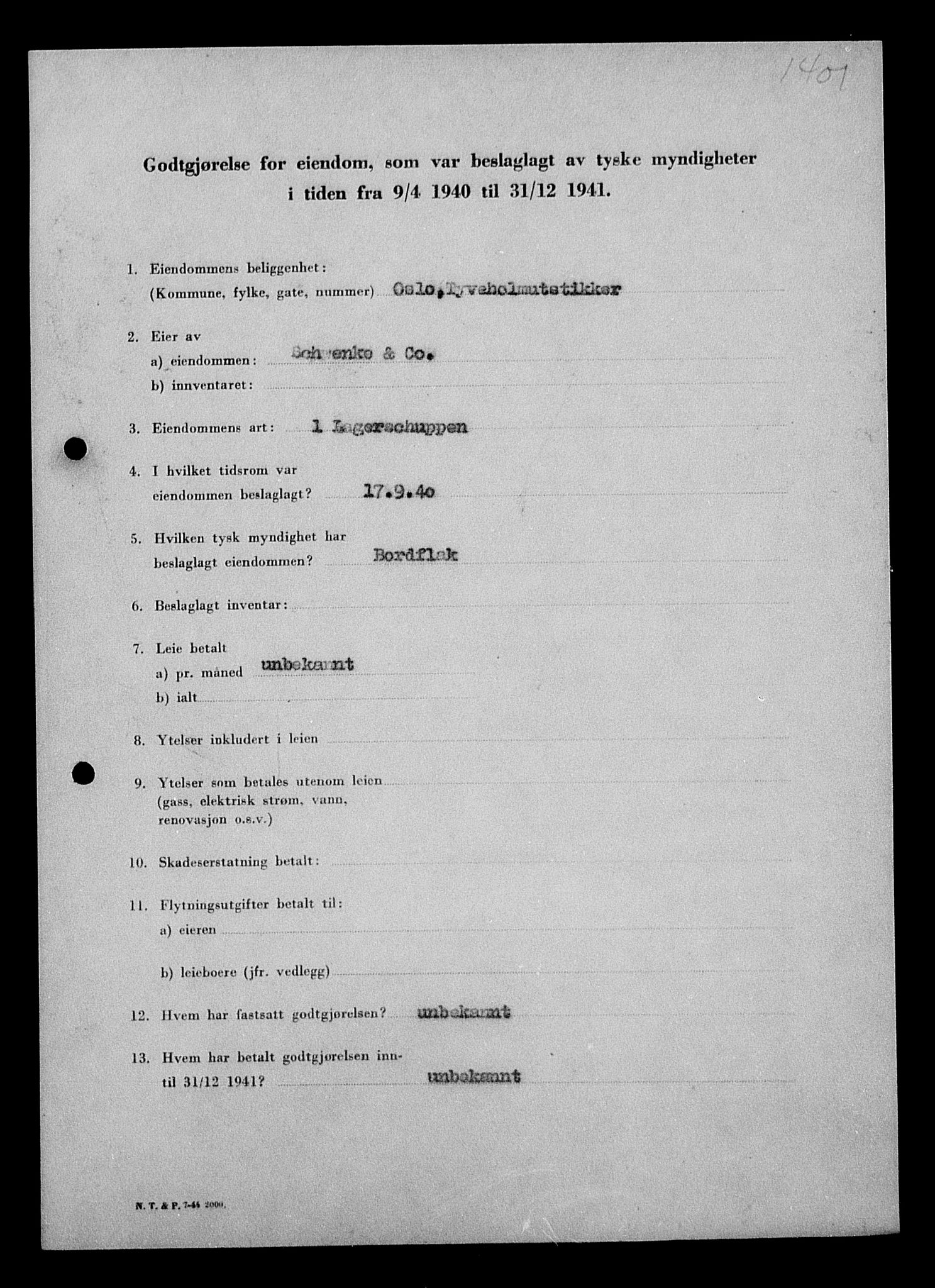 Justisdepartementet, Tilbakeføringskontoret for inndratte formuer, RA/S-1564/I/L1011: Godtgjørelse for beslaglagt eiendom, 1940-1941, s. 548