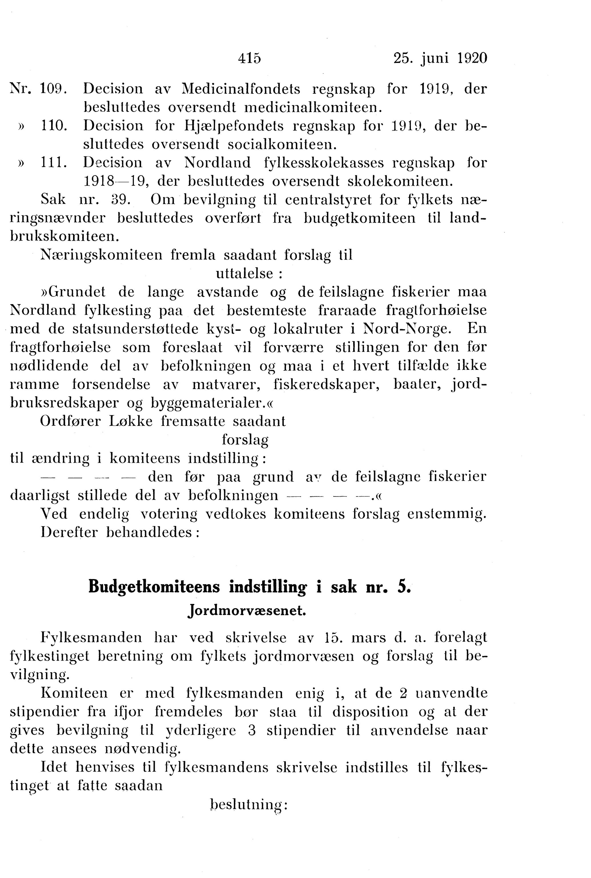 Nordland Fylkeskommune. Fylkestinget, AIN/NFK-17/176/A/Ac/L0043: Fylkestingsforhandlinger 1920, 1920