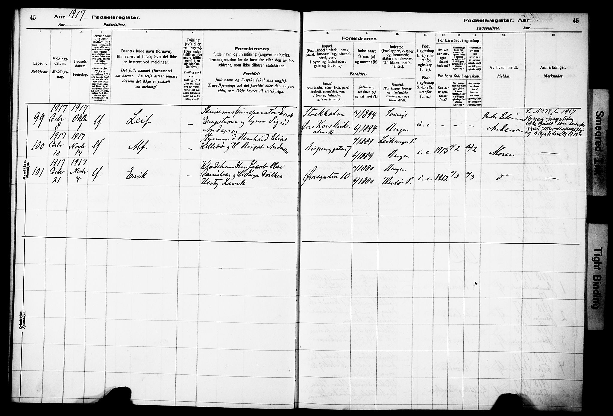 Korskirken sokneprestembete, SAB/A-76101/I/Id/L00A1: Fødselsregister nr. A 1, 1916-1929, s. 45