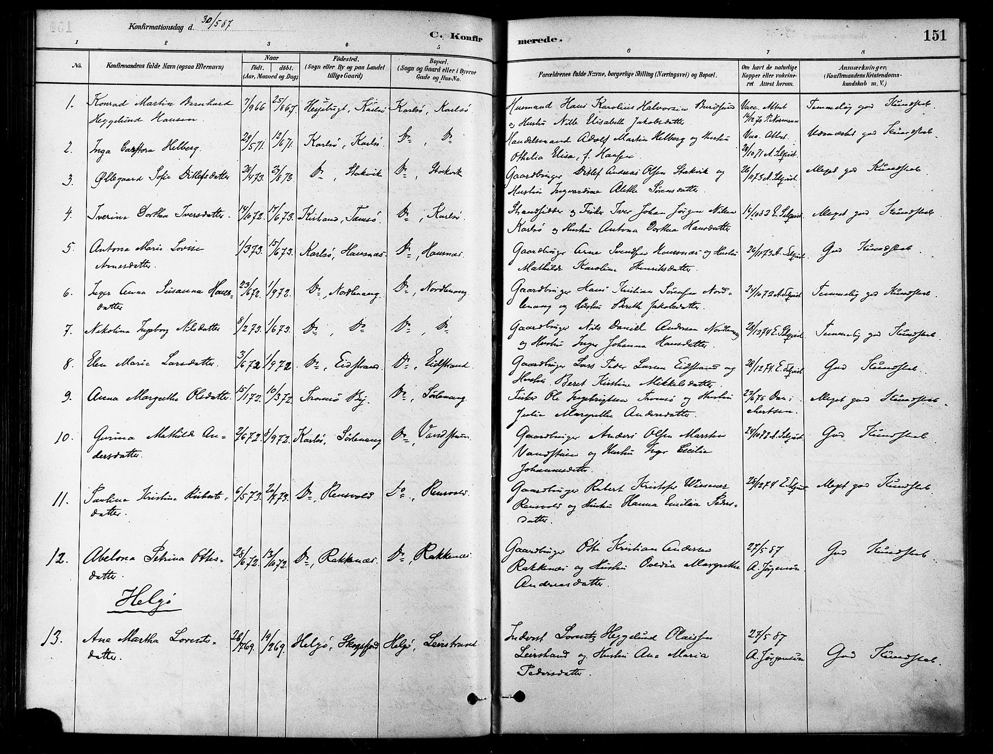 Karlsøy sokneprestembete, AV/SATØ-S-1299/H/Ha/Haa/L0006kirke: Ministerialbok nr. 6, 1879-1890, s. 151