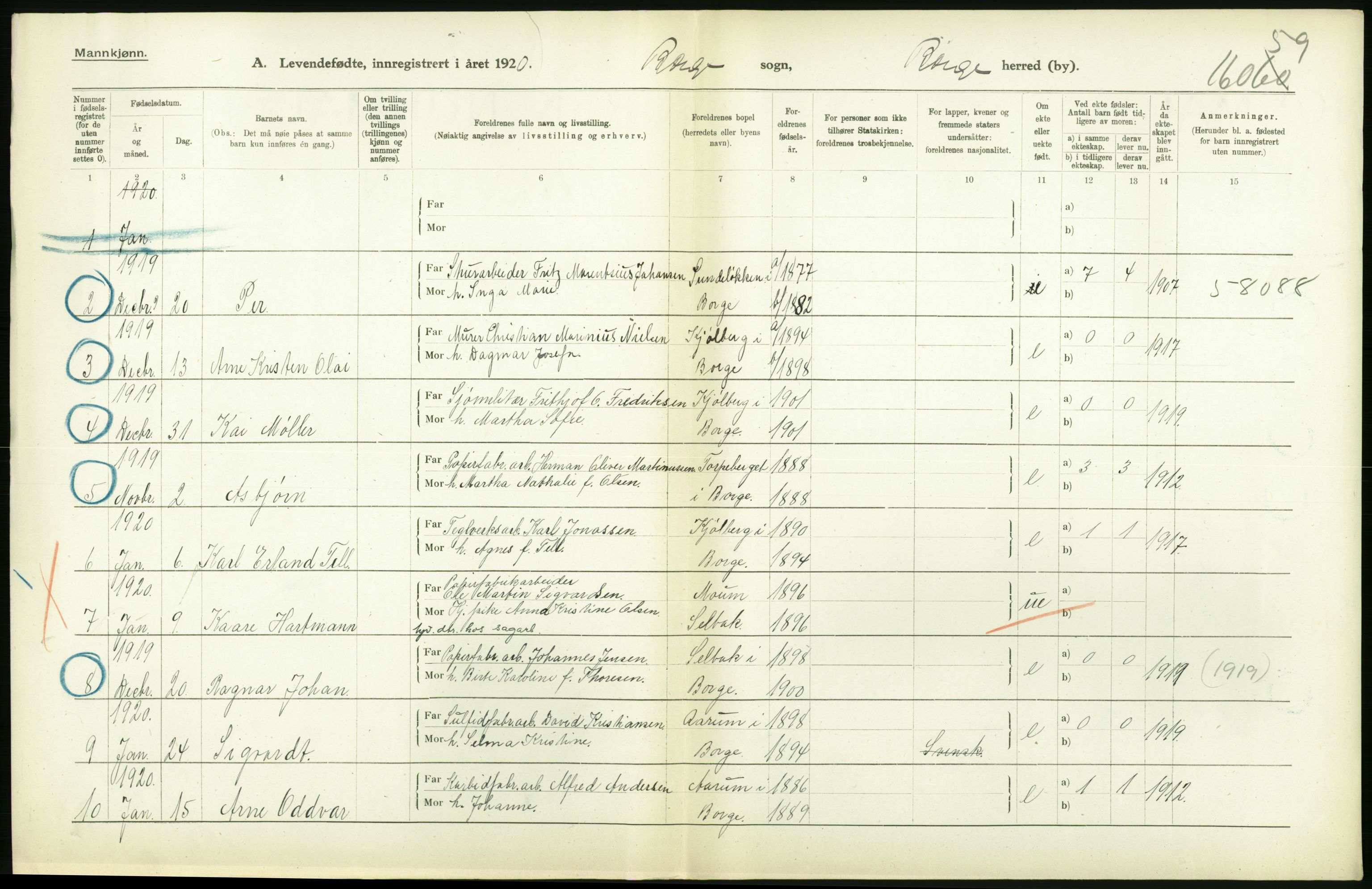 Statistisk sentralbyrå, Sosiodemografiske emner, Befolkning, RA/S-2228/D/Df/Dfb/Dfbj/L0001: Østfold fylke: Levendefødte menn og kvinner. Bygder., 1920, s. 192