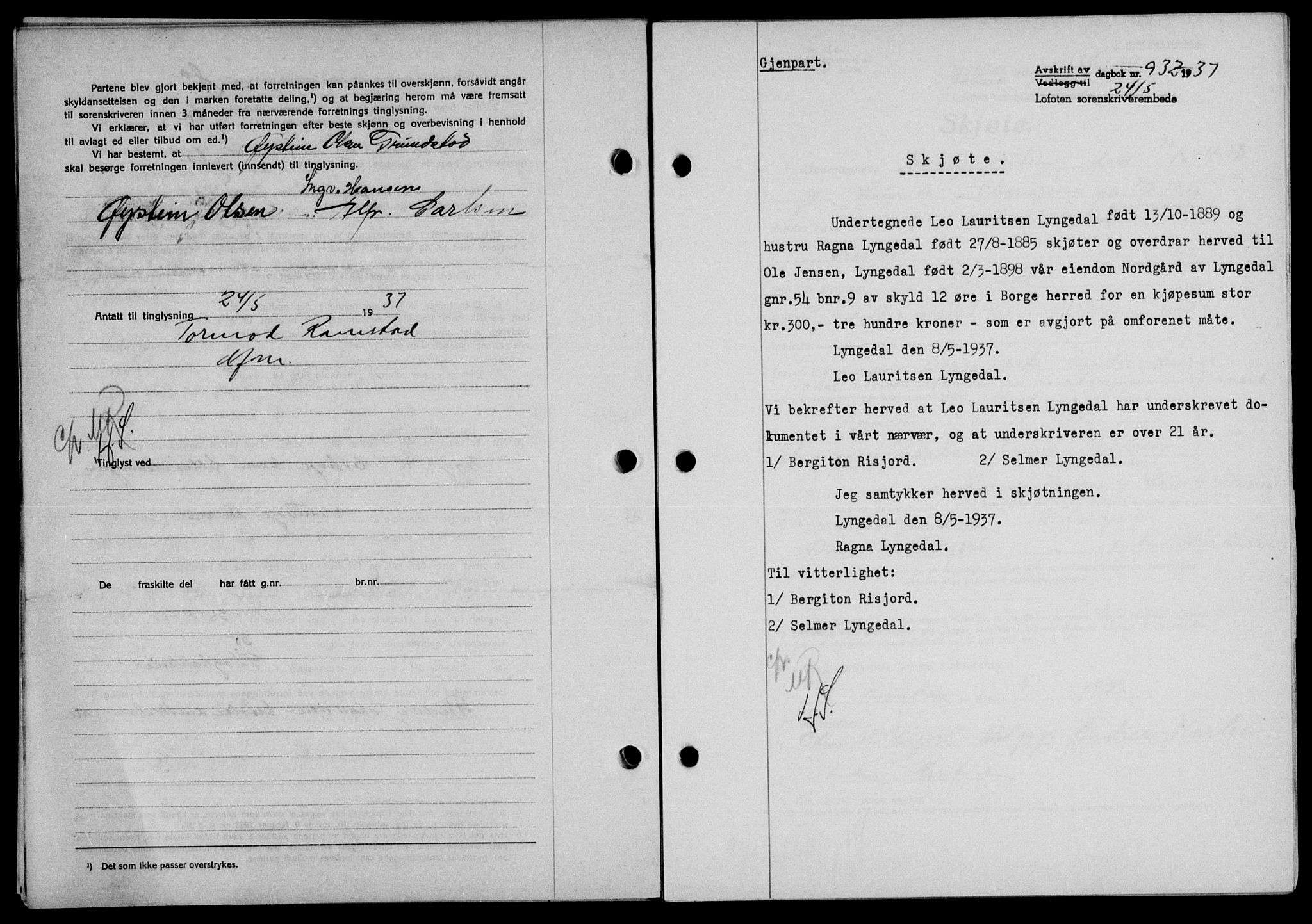 Lofoten sorenskriveri, SAT/A-0017/1/2/2C/L0002a: Pantebok nr. 2a, 1937-1937, Dagboknr: 932/1937