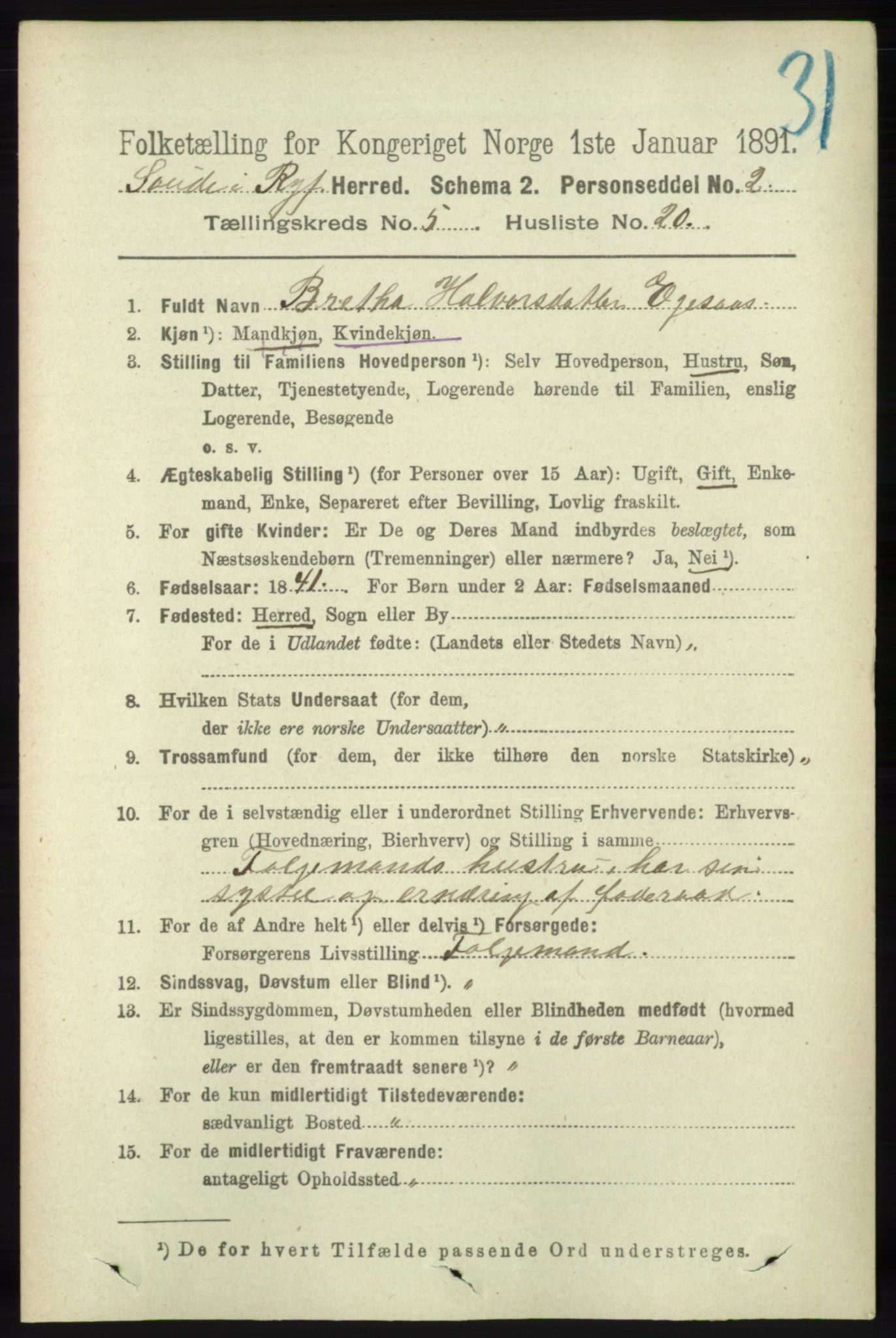 RA, Folketelling 1891 for 1135 Sauda herred, 1891, s. 2299