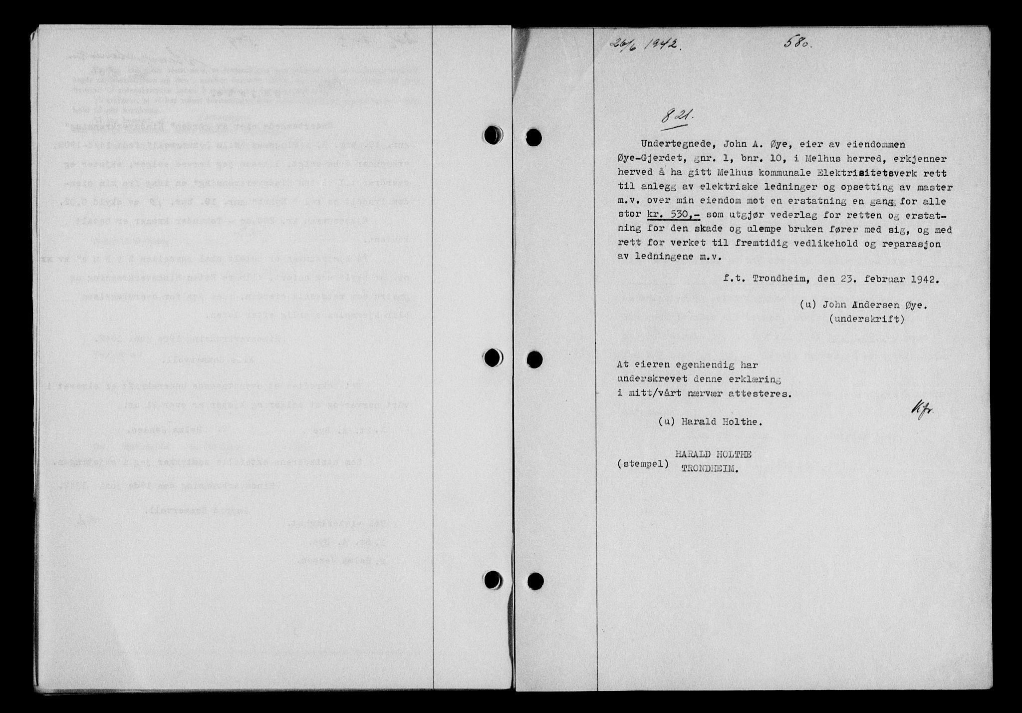 Gauldal sorenskriveri, SAT/A-0014/1/2/2C/L0054: Pantebok nr. 59, 1941-1942, Dagboknr: 821/1942