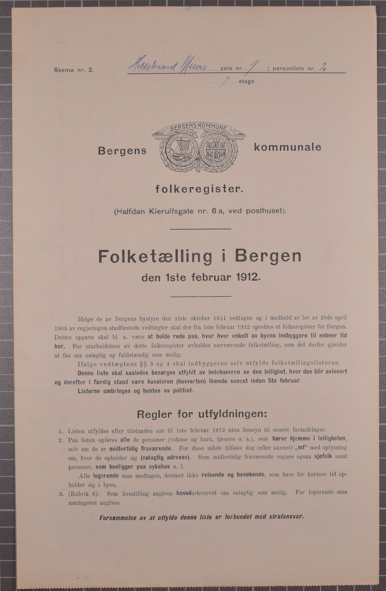 SAB, Kommunal folketelling 1912 for Bergen kjøpstad, 1912, s. 3038