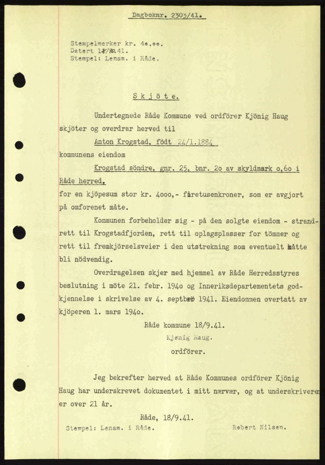 Moss sorenskriveri, SAO/A-10168: Pantebok nr. A9, 1941-1942, Dagboknr: 2303/1941