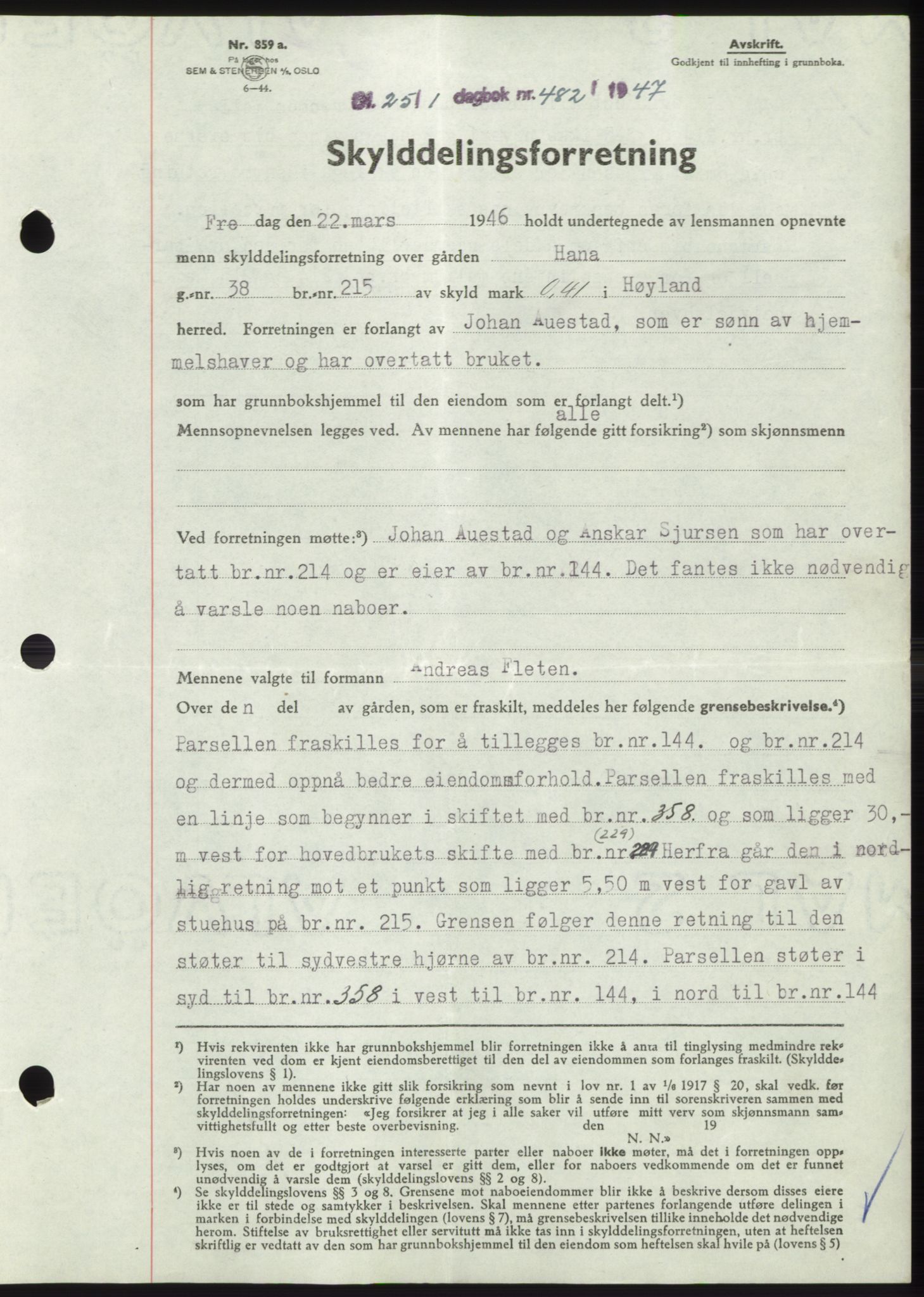 Jæren sorenskriveri, SAST/A-100310/03/G/Gba/L0093: Pantebok, 1947-1947, Dagboknr: 482/1947