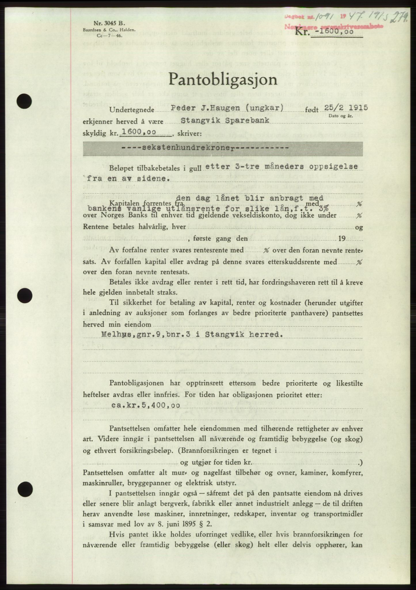 Nordmøre sorenskriveri, AV/SAT-A-4132/1/2/2Ca: Pantebok nr. B96, 1947-1947, Dagboknr: 1091/1947