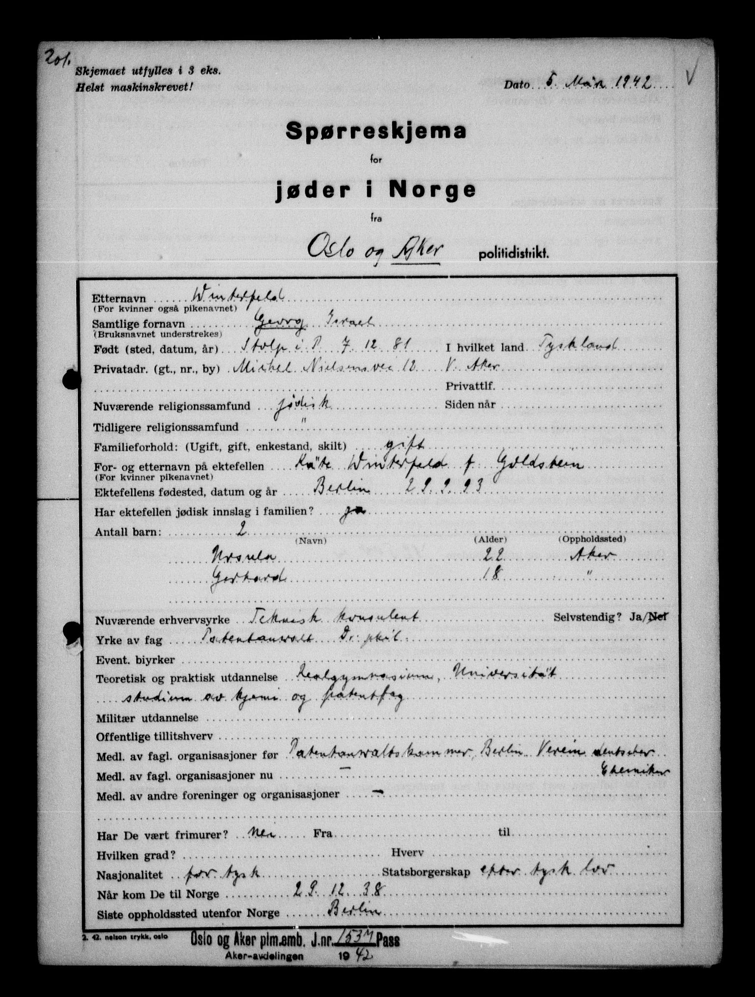 Statspolitiet - Hovedkontoret / Osloavdelingen, AV/RA-S-1329/G/Ga/L0012: Spørreskjema for jøder i Norge. 1: Aker 114- 207 (Levinson-Wozak) og 656 (Salomon). 2: Arendal-Hordaland. 3: Horten-Romerike.  , 1942, s. 267