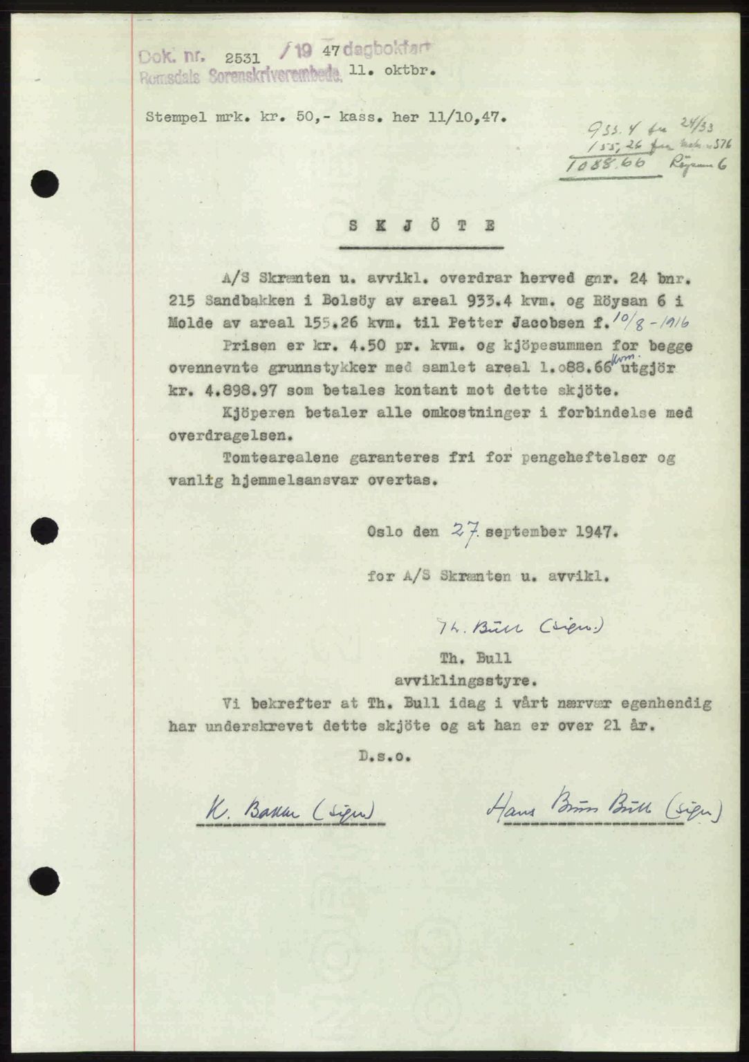 Romsdal sorenskriveri, SAT/A-4149/1/2/2C: Pantebok nr. A24, 1947-1947, Dagboknr: 2531/1947