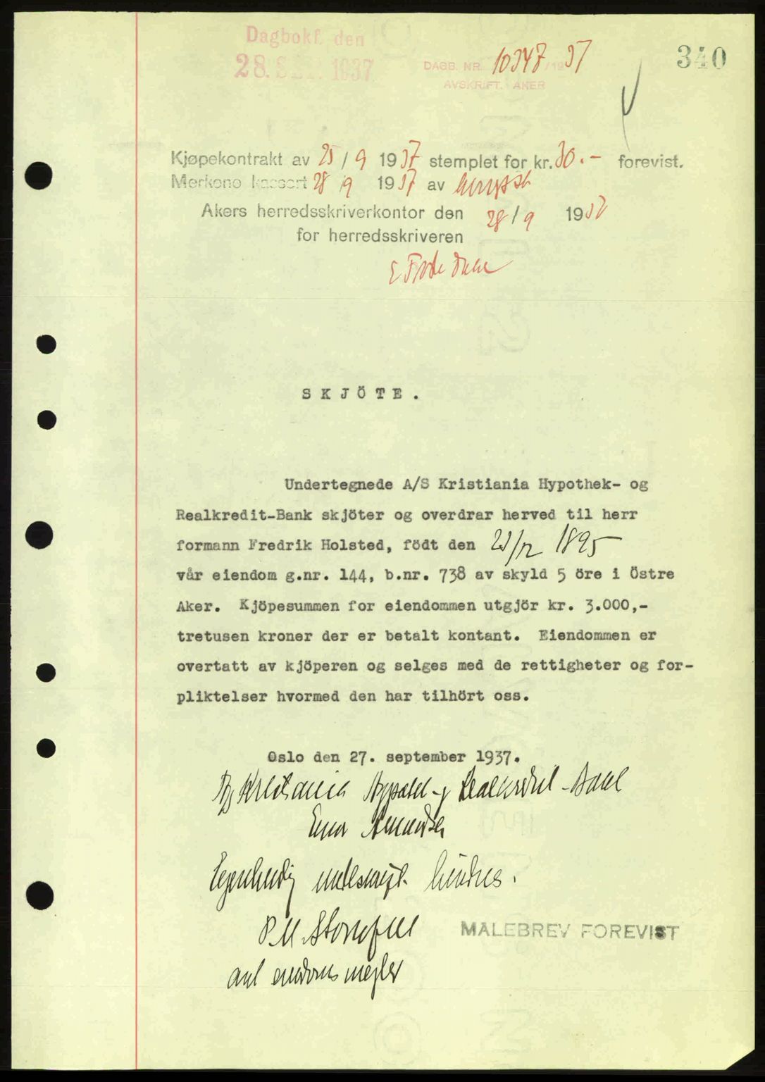 Aker herredsskriveri, SAO/A-10896/G/Gb/Gba/Gbab/L0017: Pantebok nr. A148, 1937-1937, Dagboknr: 10347/1937