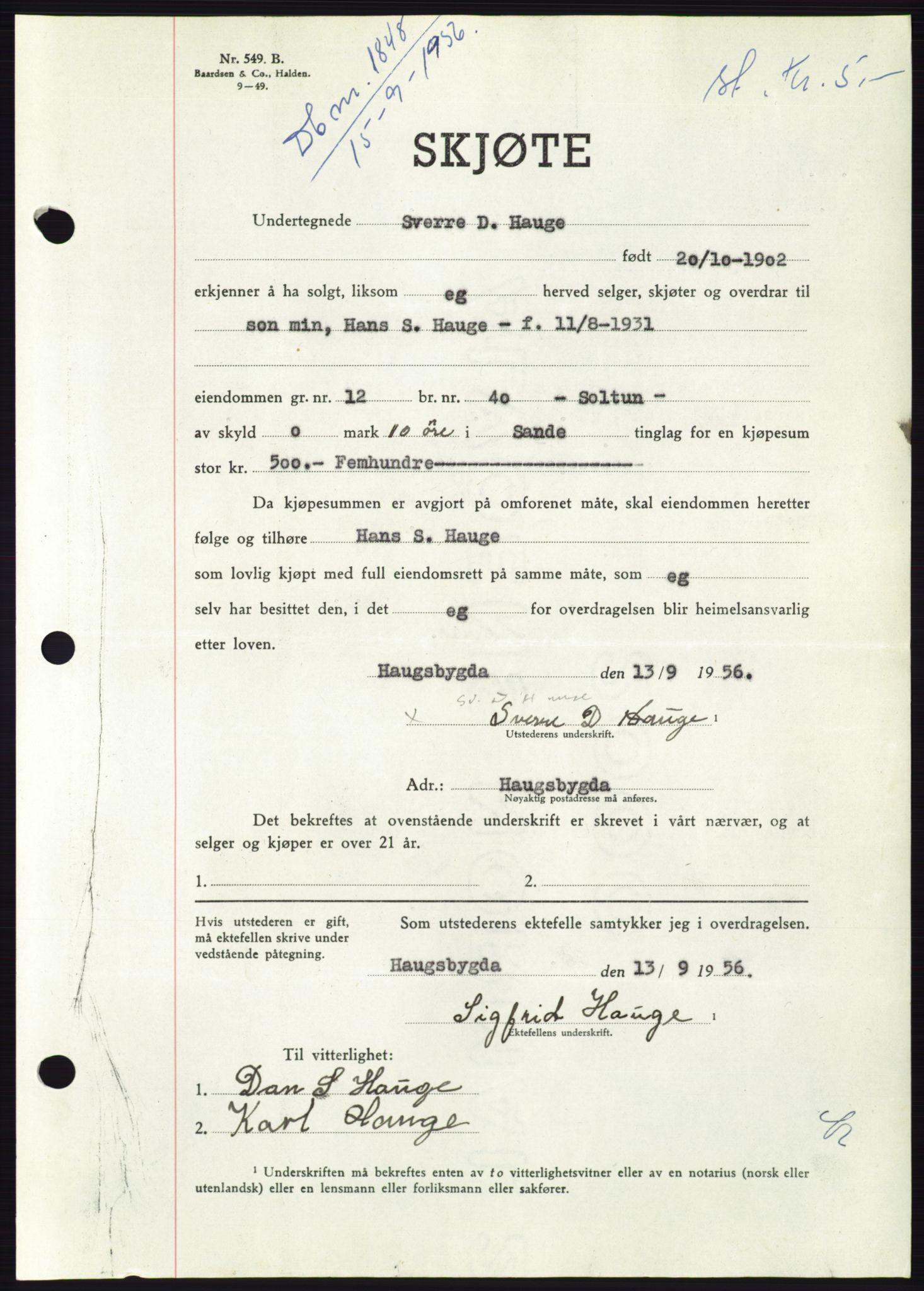 Søre Sunnmøre sorenskriveri, AV/SAT-A-4122/1/2/2C/L0104: Pantebok nr. 30A, 1956-1956, Dagboknr: 1848/1956