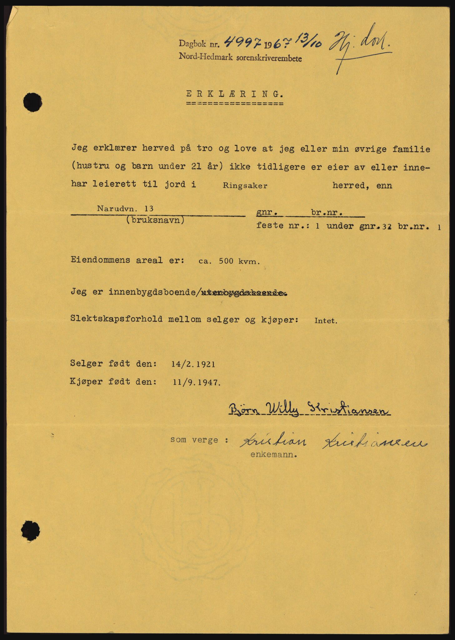 Nord-Hedmark sorenskriveri, SAH/TING-012/H/Hc/L0026: Pantebok nr. 26, 1967-1967, Dagboknr: 4997/1967