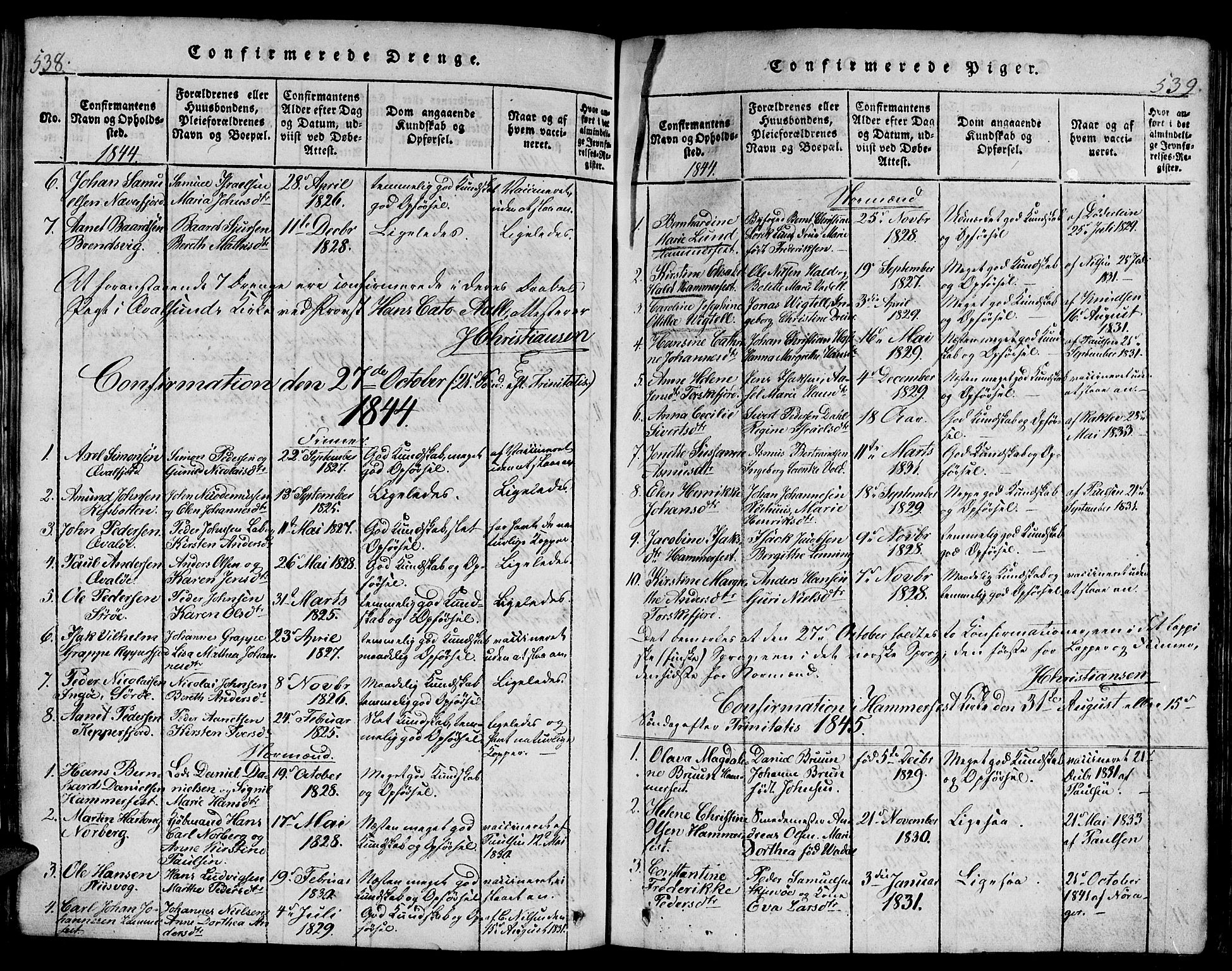 Hammerfest sokneprestkontor, AV/SATØ-S-1347/H/Hb/L0001.klokk: Klokkerbok nr. 1, 1822-1850, s. 538-539