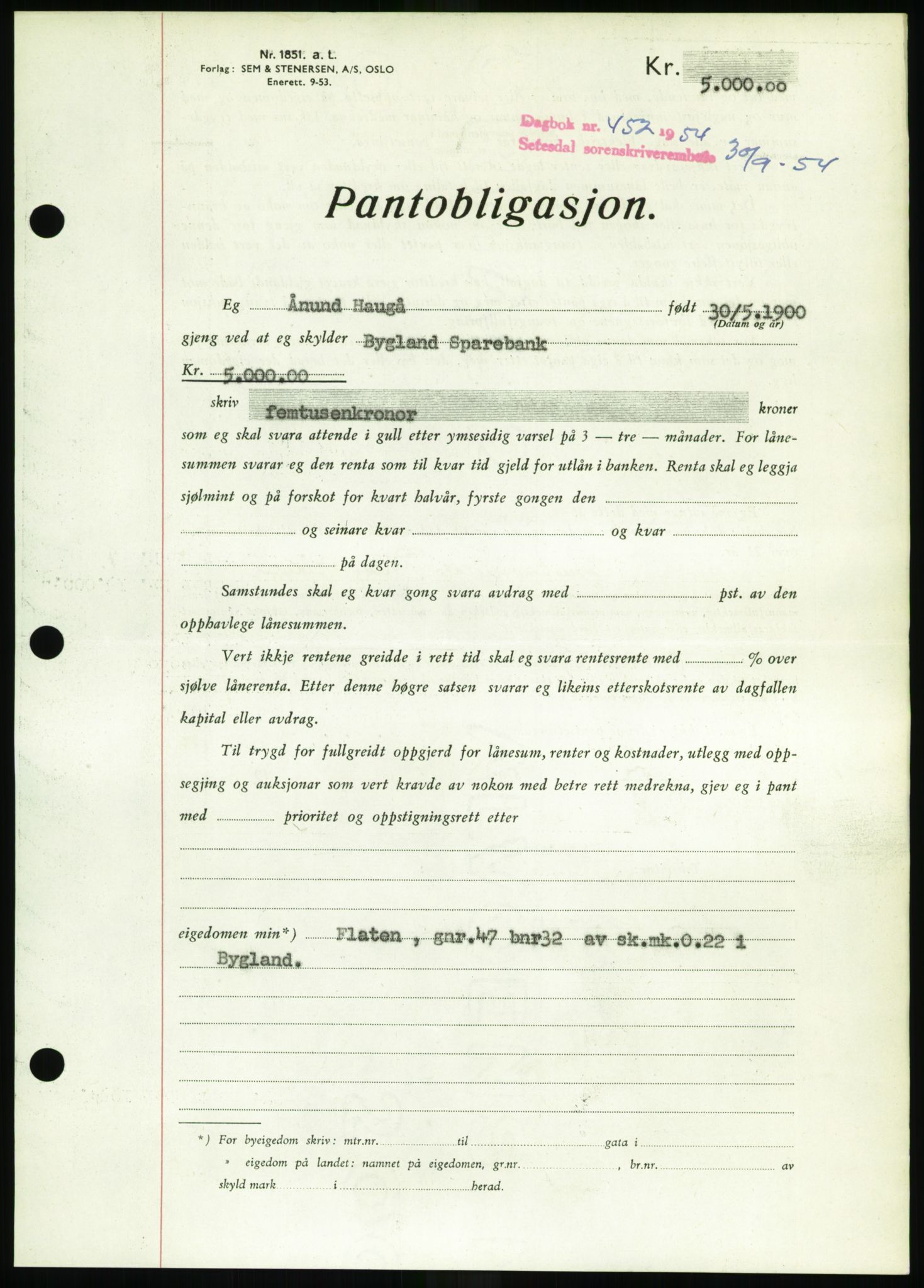 Setesdal sorenskriveri, SAK/1221-0011/G/Gb/L0052: Pantebok nr. B 40, 1954-1955, Dagboknr: 452/1954