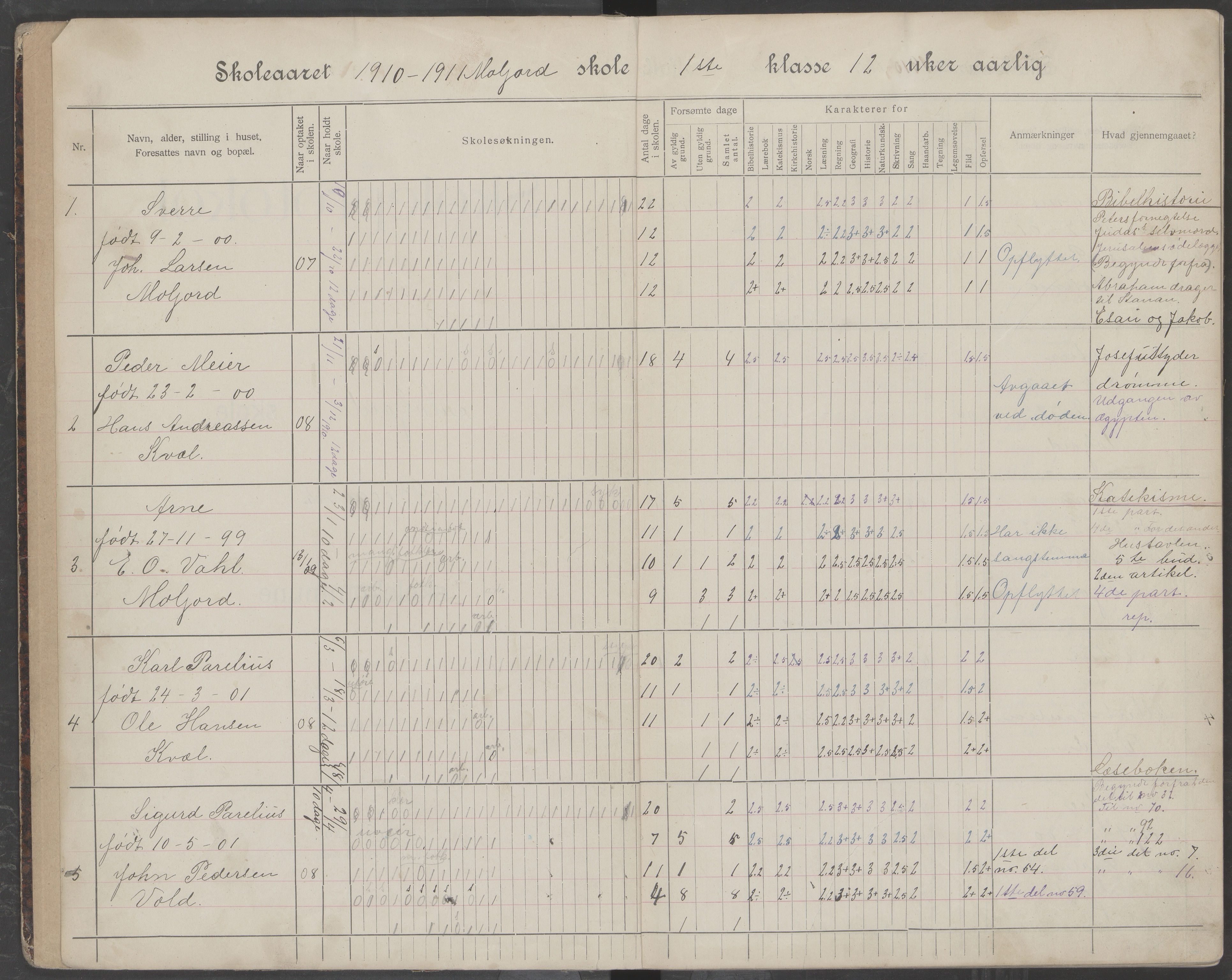 Beiarn kommune. Moldjord skolekrets, AIN/K-18390.510.14/442/L0006: Karakter/oversiktsprotokoll, 1910-1920