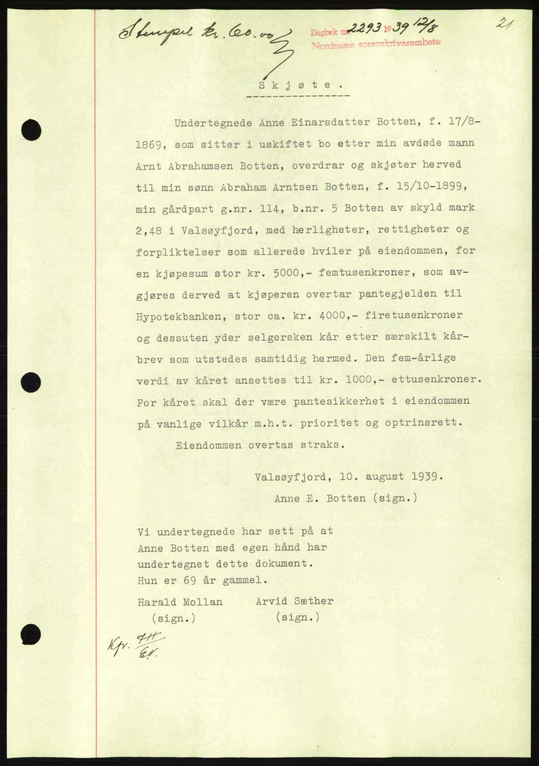 Nordmøre sorenskriveri, SAT/A-4132/1/2/2Ca: Pantebok nr. A87, 1939-1940, Dagboknr: 2293/1939