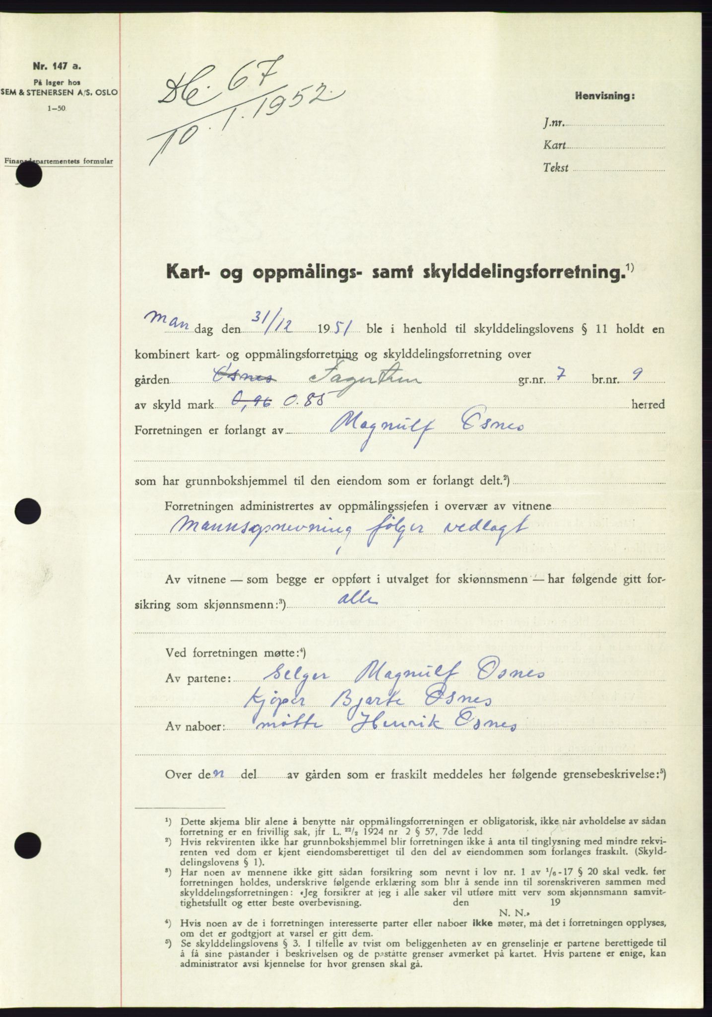 Søre Sunnmøre sorenskriveri, SAT/A-4122/1/2/2C/L0091: Pantebok nr. 17A, 1951-1952, Dagboknr: 67/1952