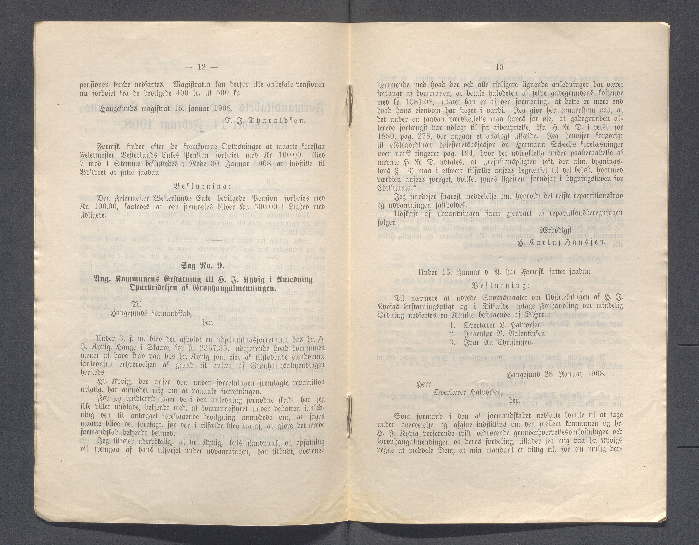 Haugesund kommune - Formannskapet og Bystyret, IKAR/A-740/A/Abb/L0002: Bystyreforhandlinger, 1908-1917, s. 9