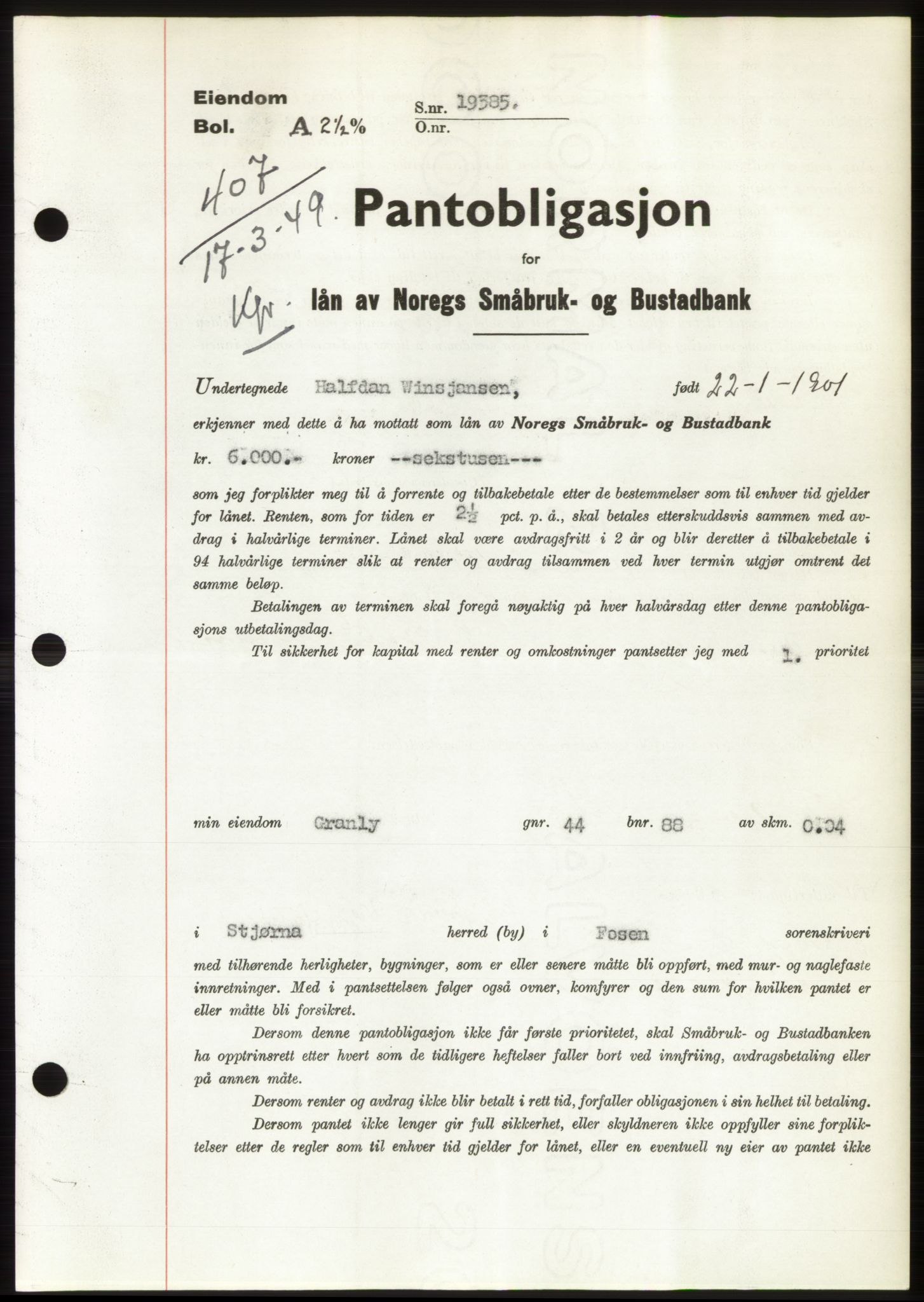 Fosen sorenskriveri, AV/SAT-A-1107/1/2/2C: Pantebok nr. B, 1948-1950, Dagboknr: 407/1949