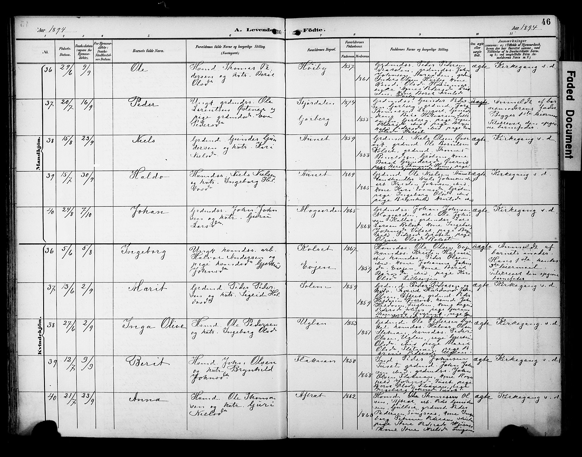 Ministerialprotokoller, klokkerbøker og fødselsregistre - Sør-Trøndelag, AV/SAT-A-1456/695/L1149: Ministerialbok nr. 695A09, 1891-1902, s. 46
