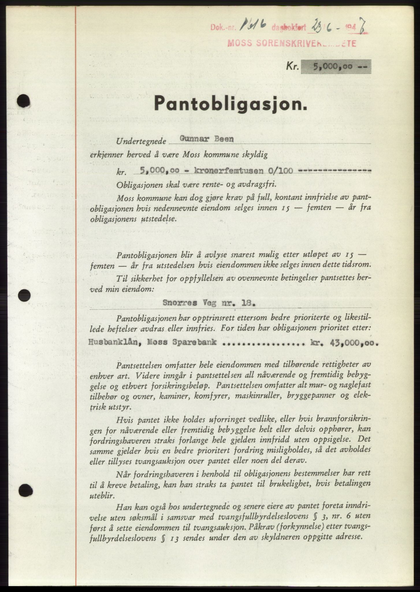 Moss sorenskriveri, SAO/A-10168: Pantebok nr. B17, 1947-1947, Dagboknr: 1616/1947