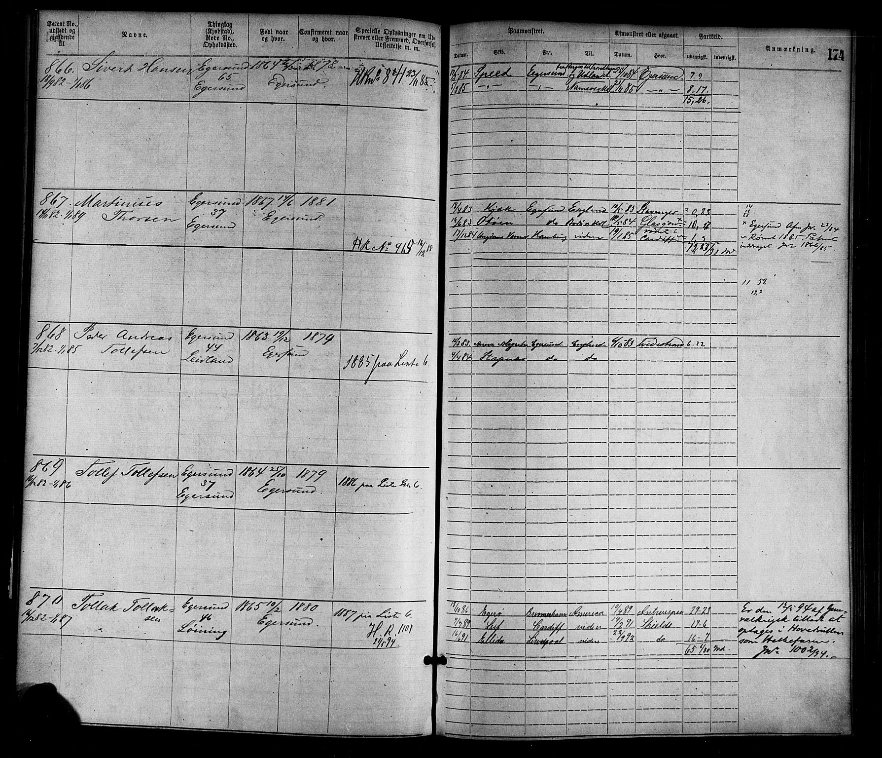 Egersund mønstringskrets, AV/SAK-2031-0019/F/Fa/L0001: Annotasjonsrulle nr 1-1440 med register, O-1, 1869-1895, s. 195