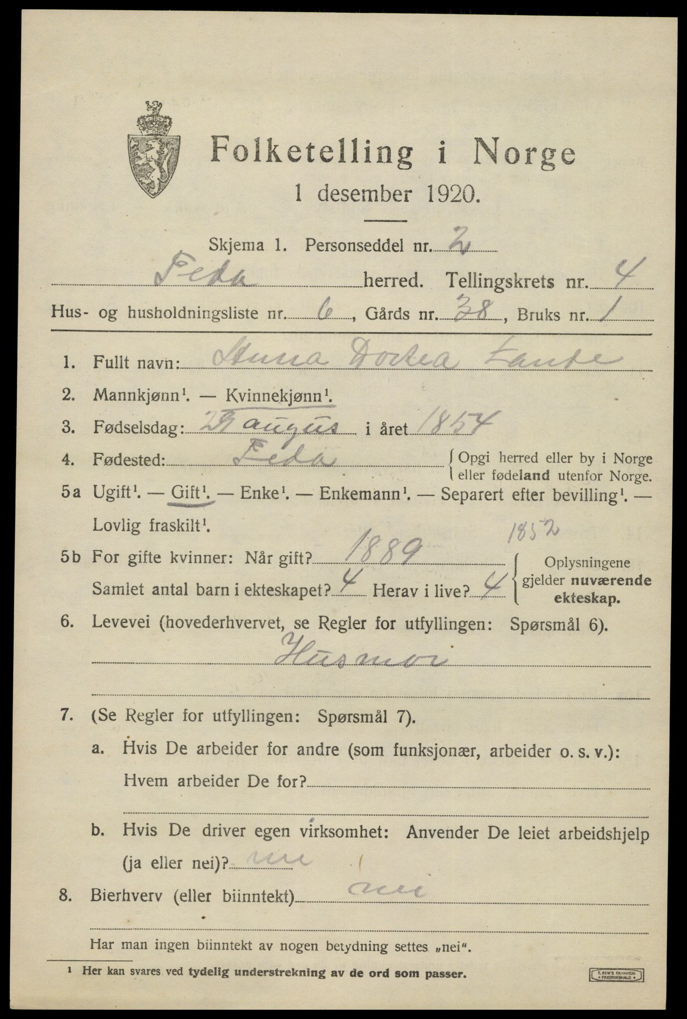 SAK, Folketelling 1920 for 1038 Feda herred, 1920, s. 1873