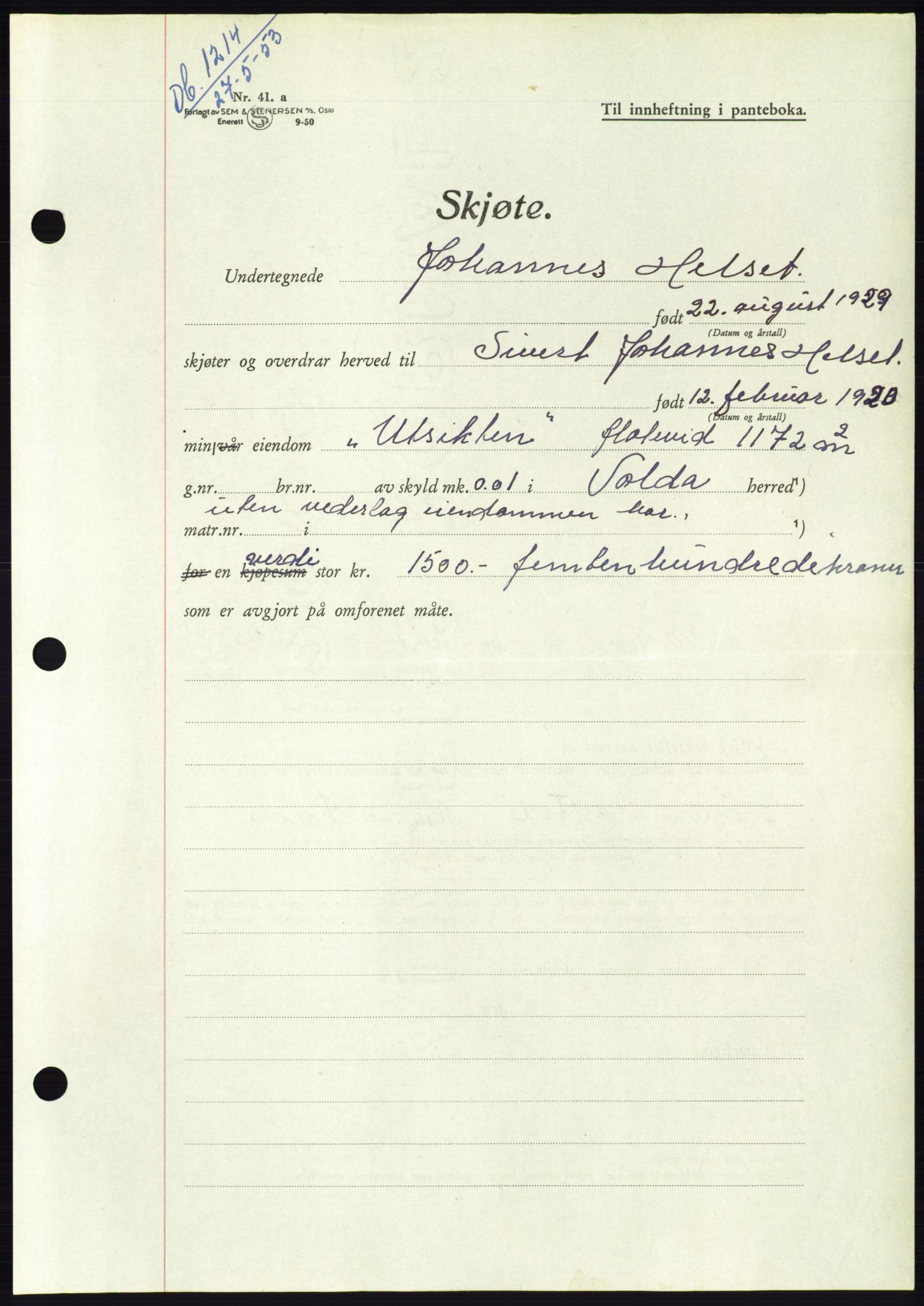 Søre Sunnmøre sorenskriveri, AV/SAT-A-4122/1/2/2C/L0095: Pantebok nr. 21A, 1953-1953, Dagboknr: 1214/1953