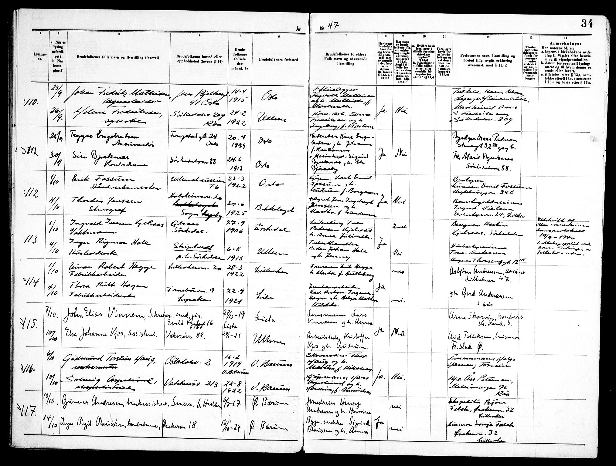 Ullern prestekontor Kirkebøker, AV/SAO-A-10740/H/L0005: Lysningsprotokoll nr. 5, 1946-1951, s. 34