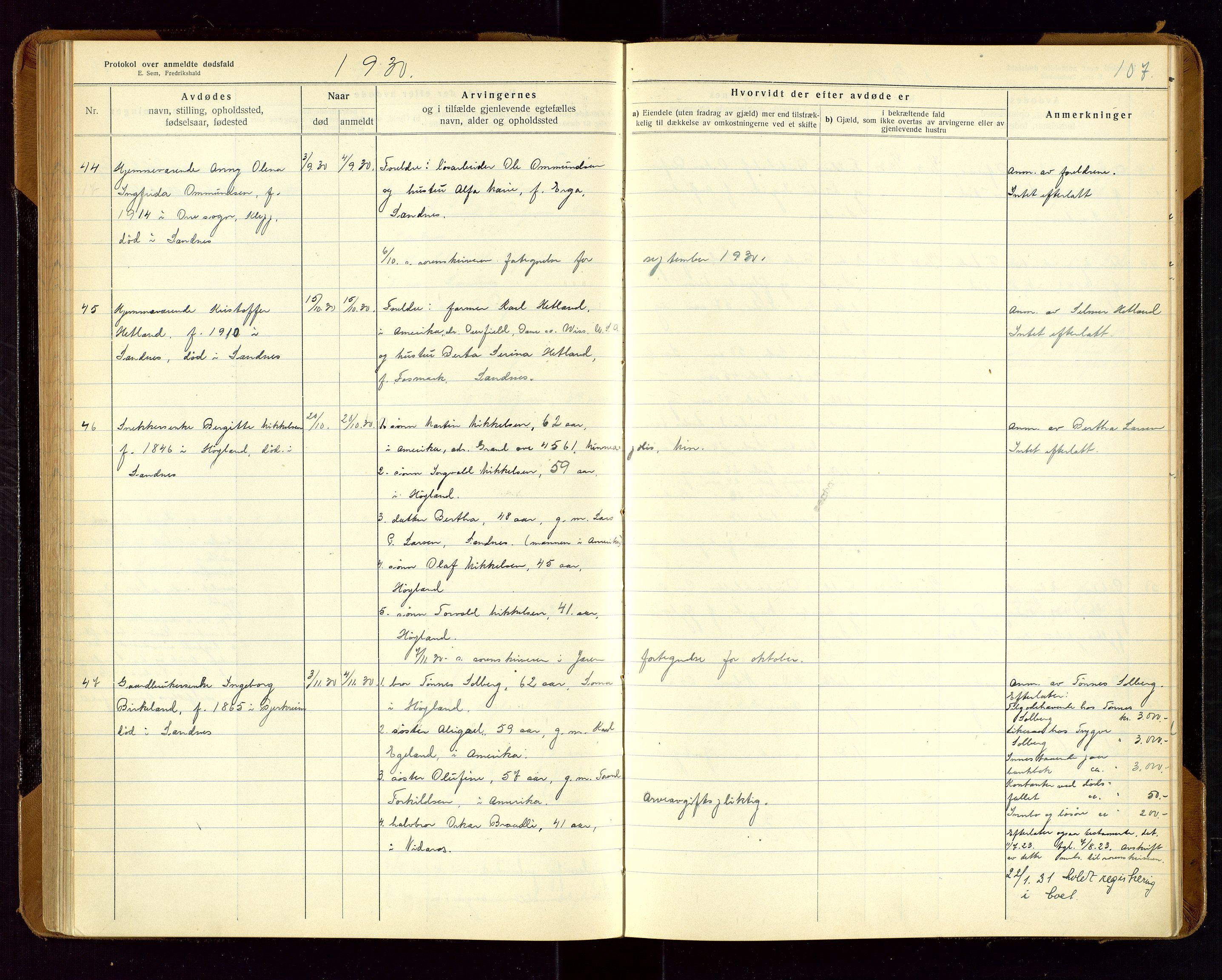 Sandnes lensmannskontor, SAST/A-100167/Gga/L0001: "Protokol over anmeldte dødsfald" m/register, 1918-1940, s. 107