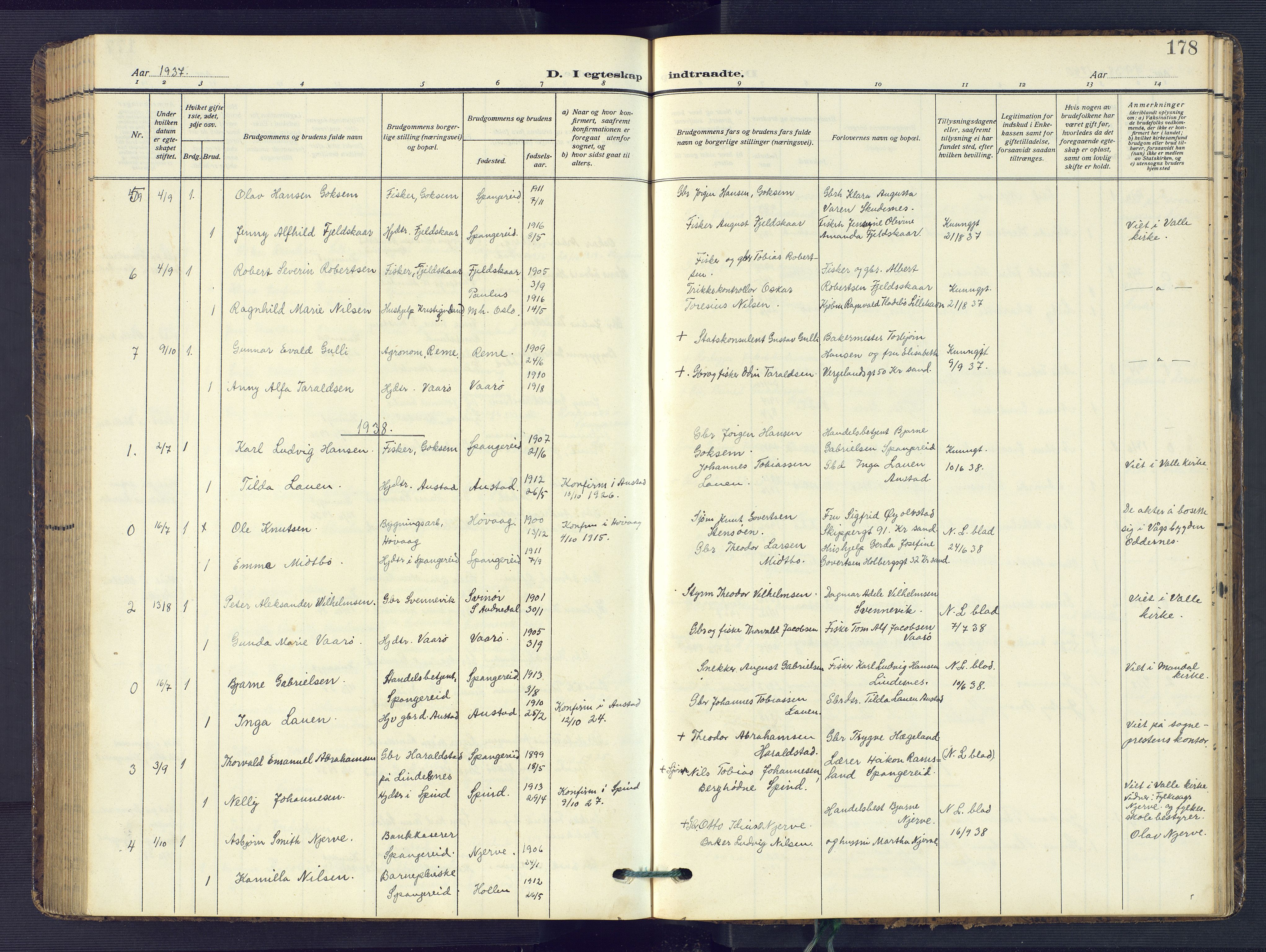 Sør-Audnedal sokneprestkontor, AV/SAK-1111-0039/F/Fb/Fba/L0005: Klokkerbok nr. B 5, 1908-1963, s. 178