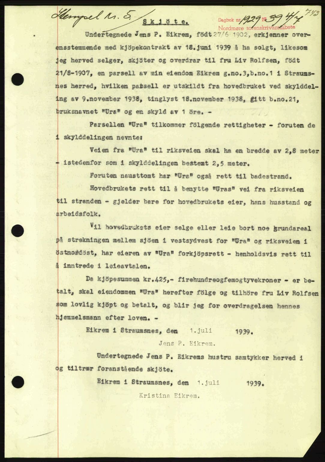 Nordmøre sorenskriveri, SAT/A-4132/1/2/2Ca: Pantebok nr. A86, 1939-1939, Dagboknr: 1929/1939