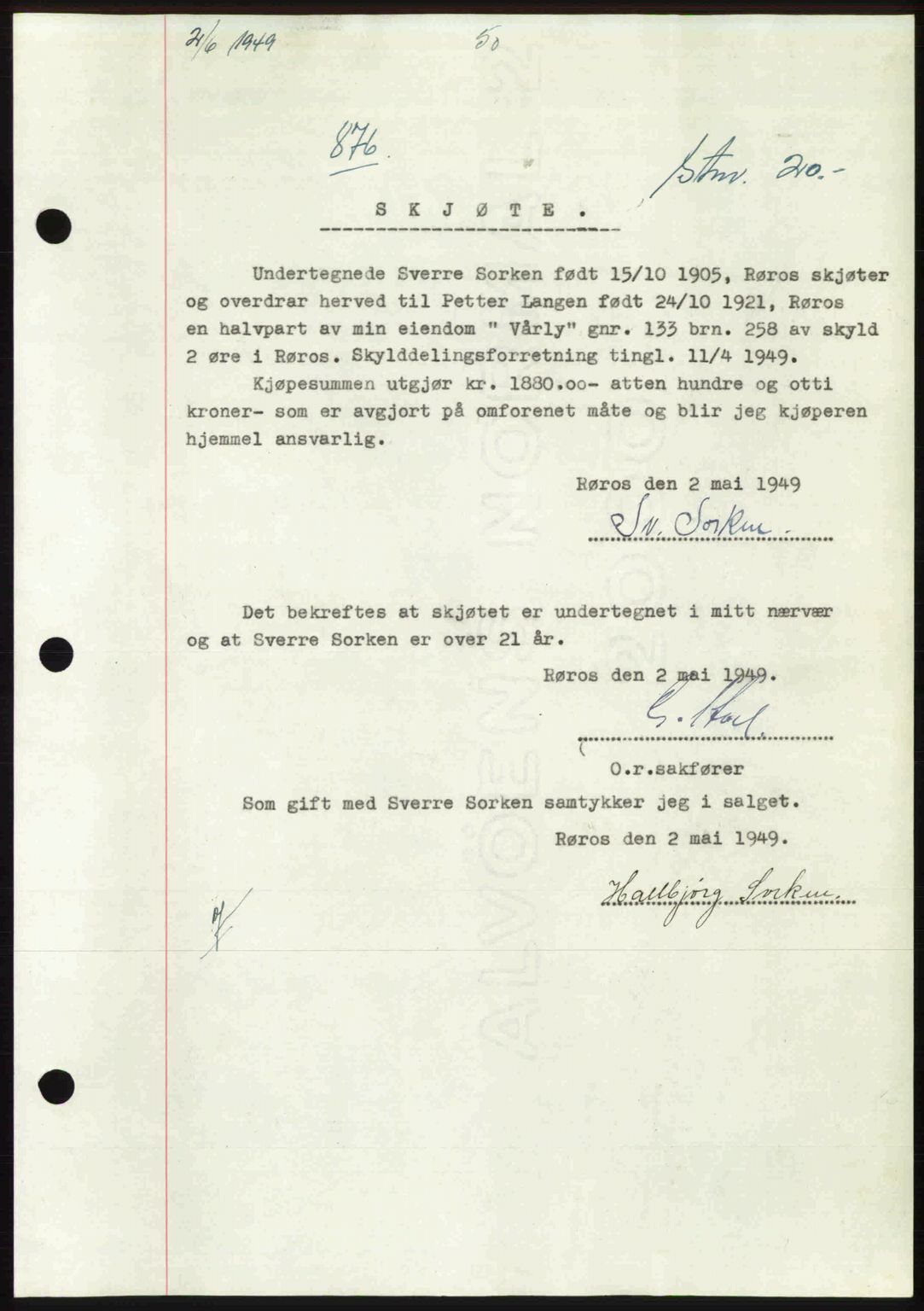 Gauldal sorenskriveri, SAT/A-0014/1/2/2C: Pantebok nr. A8, 1949-1949, Dagboknr: 876/1949