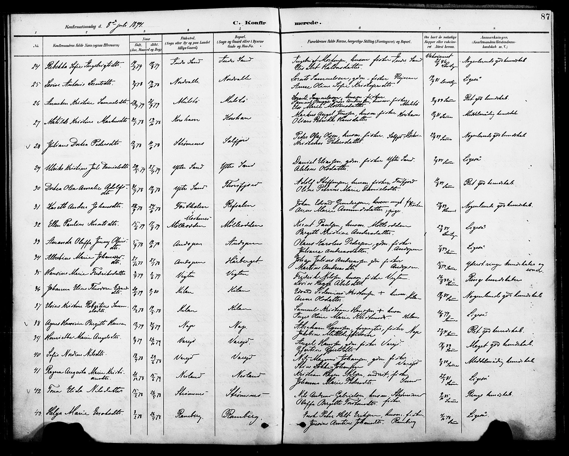 Ministerialprotokoller, klokkerbøker og fødselsregistre - Nordland, AV/SAT-A-1459/885/L1205: Ministerialbok nr. 885A06, 1892-1905, s. 87
