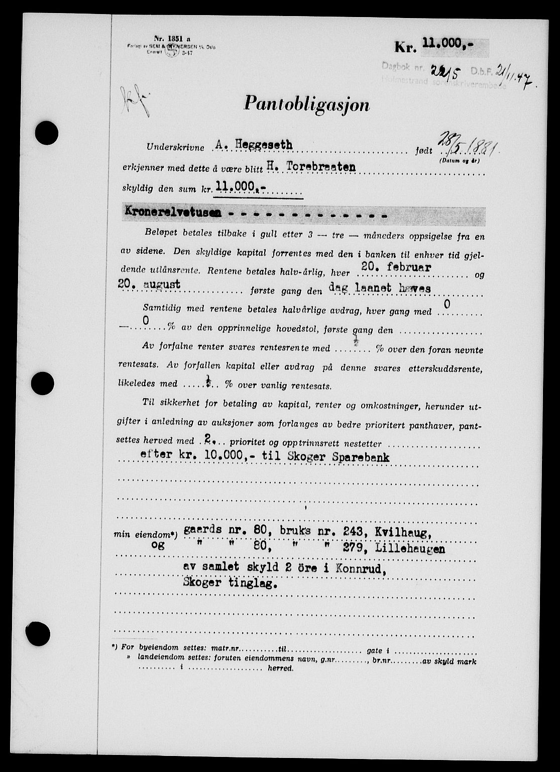 Holmestrand sorenskriveri, SAKO/A-67/G/Ga/Gab/L0058: Pantebok nr. B-58, 1947-1948, Dagboknr: 2215/1947