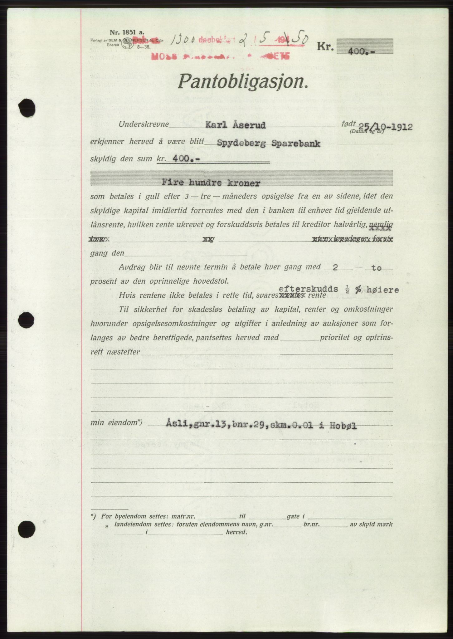 Moss sorenskriveri, AV/SAO-A-10168: Pantebok nr. B24, 1950-1950, Dagboknr: 1300/1950