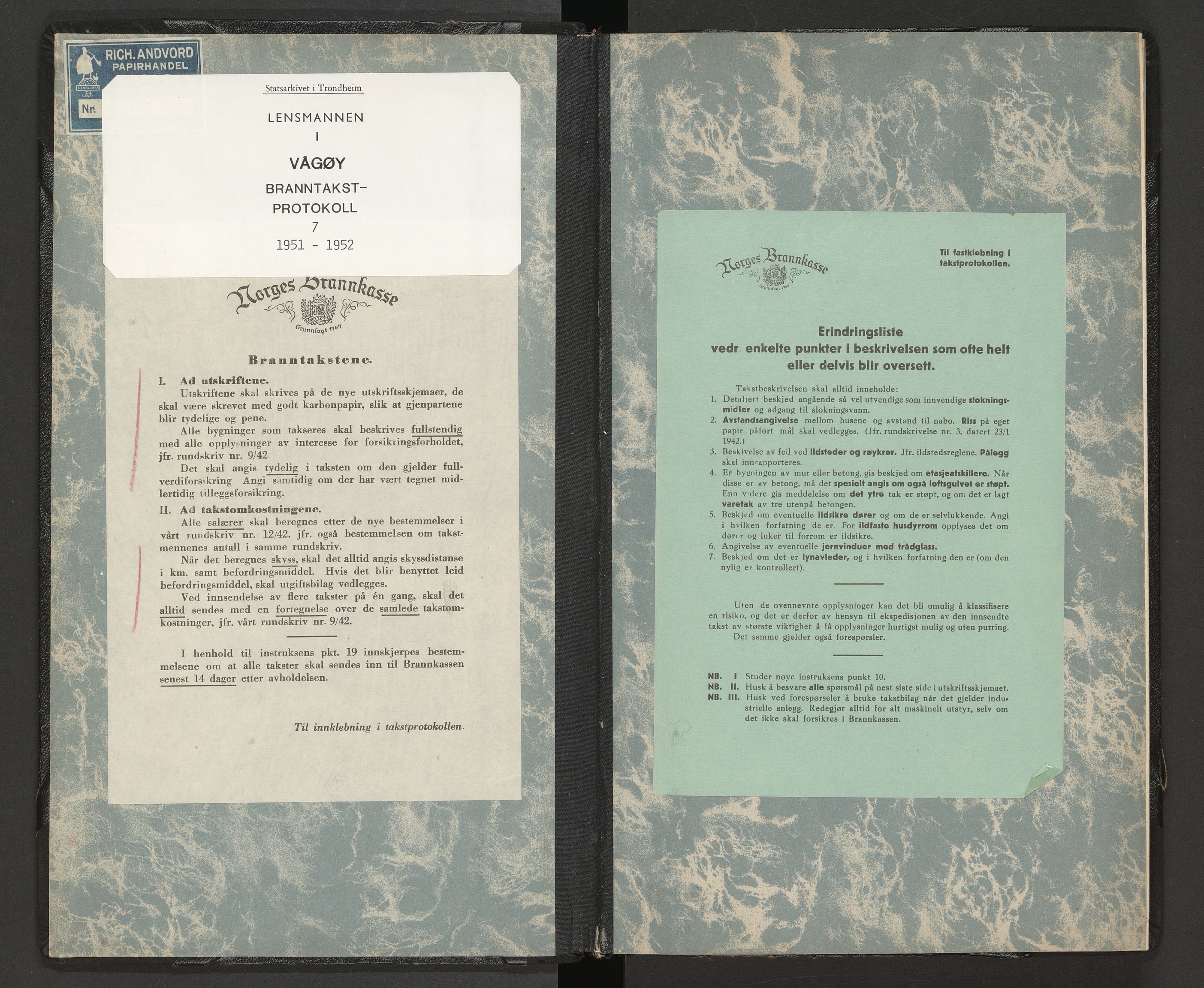 Norges Brannkasse Vågøy og Sund, AV/SAT-A-5504/Fa/L0007: Branntakstprotokoll, 1951-1952