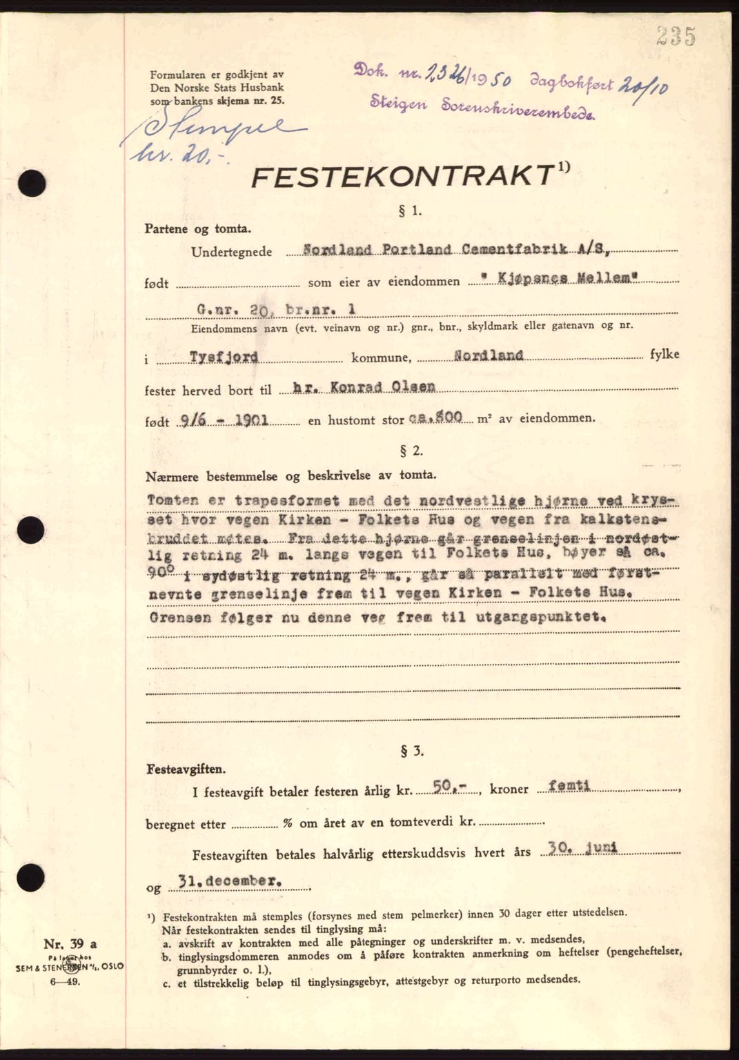 Steigen og Ofoten sorenskriveri, SAT/A-0030/1/2/2C: Pantebok nr. A21, 1950-1950, Dagboknr: 2326/1950