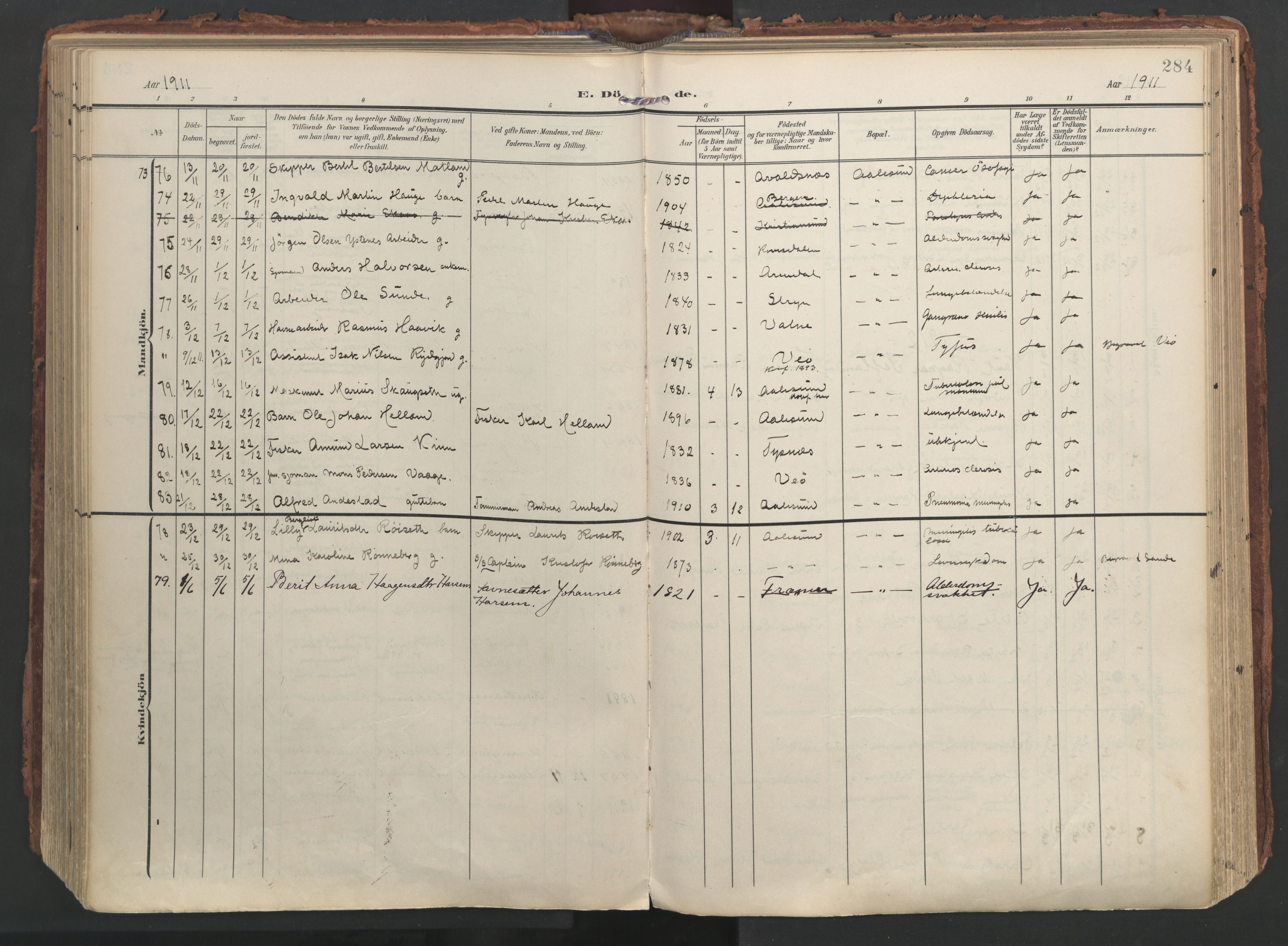 Ministerialprotokoller, klokkerbøker og fødselsregistre - Møre og Romsdal, SAT/A-1454/529/L0459: Ministerialbok nr. 529A09, 1904-1917, s. 284