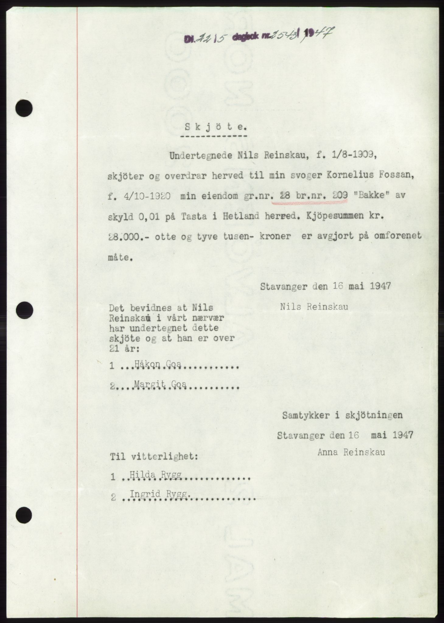 Jæren sorenskriveri, SAST/A-100310/03/G/Gba/L0094: Pantebok, 1947-1947, Dagboknr: 2543/1947