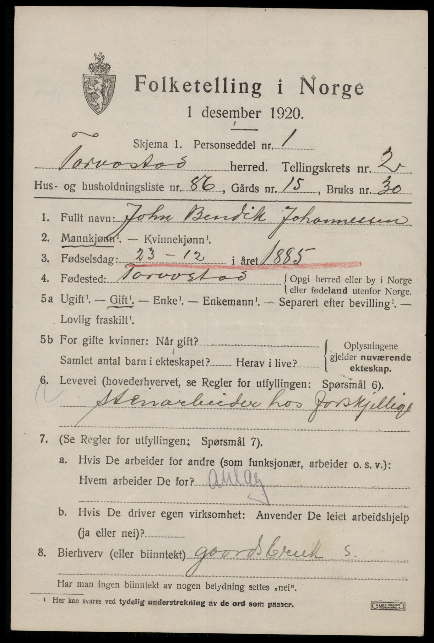 SAST, Folketelling 1920 for 1152 Torvastad herred, 1920, s. 2896