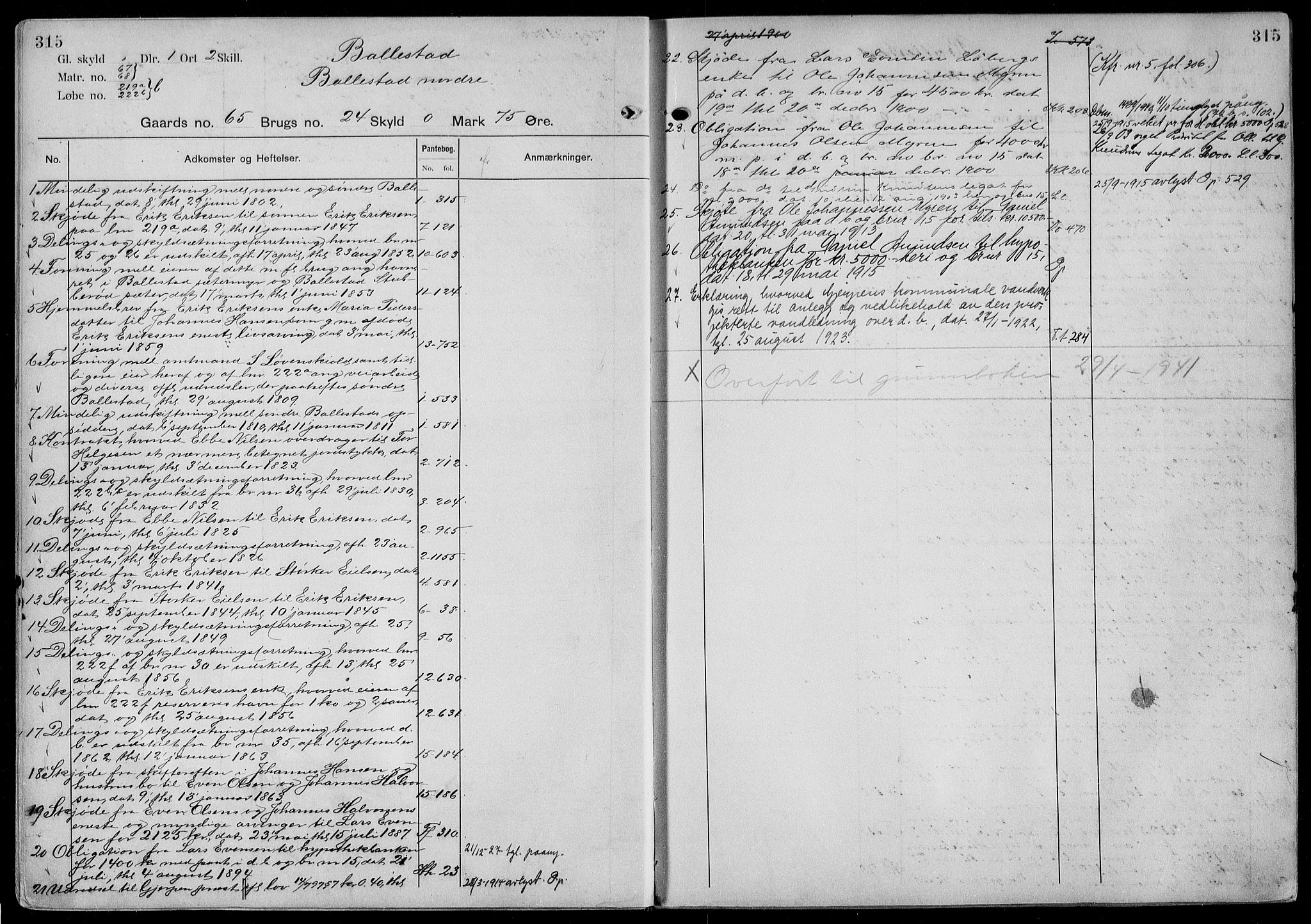 Gjerpen sorenskriveri, AV/SAKO-A-216/G/Gb/Gbd/L0002b: Panteregister nr. IV 2b, s. 315
